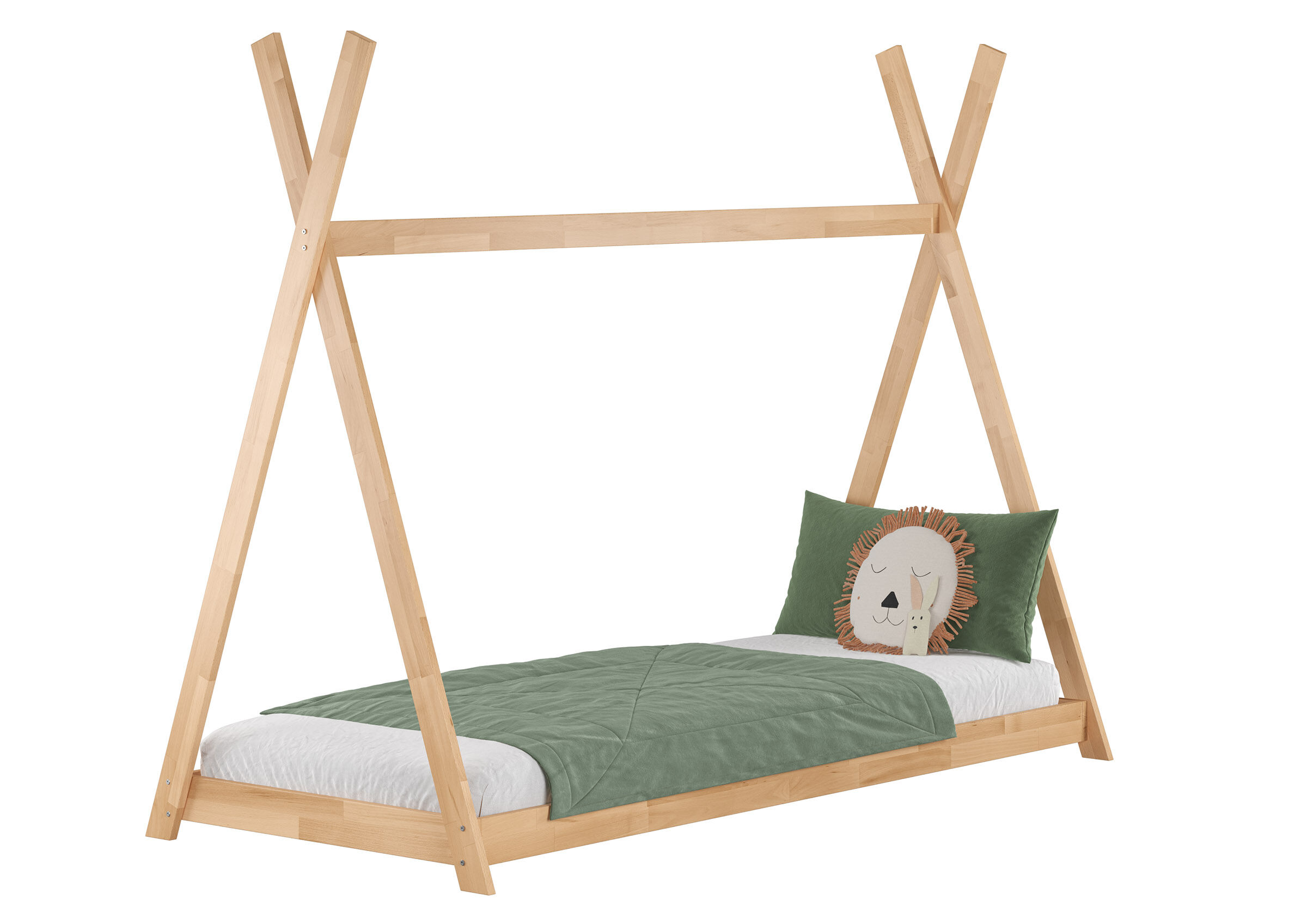 Holzbett, Etagenbett, Kinderbett, Mattenschutz, Grün, Schlichtes Flachbett 90x200 aus geölten Buche