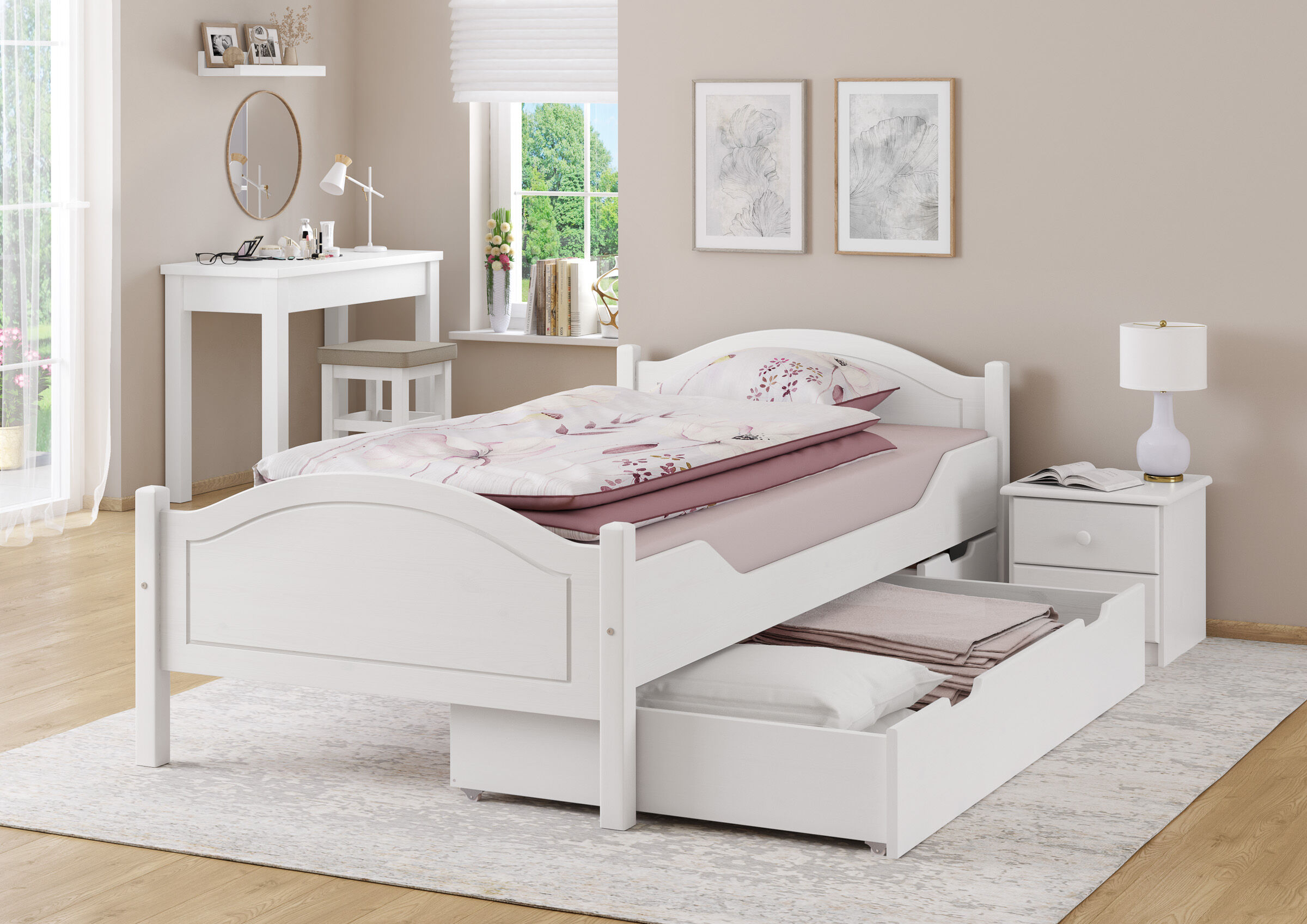 bett, nachttisch, lampe, schublade, bettzeug, 2teiliger Bettkasten Weiß