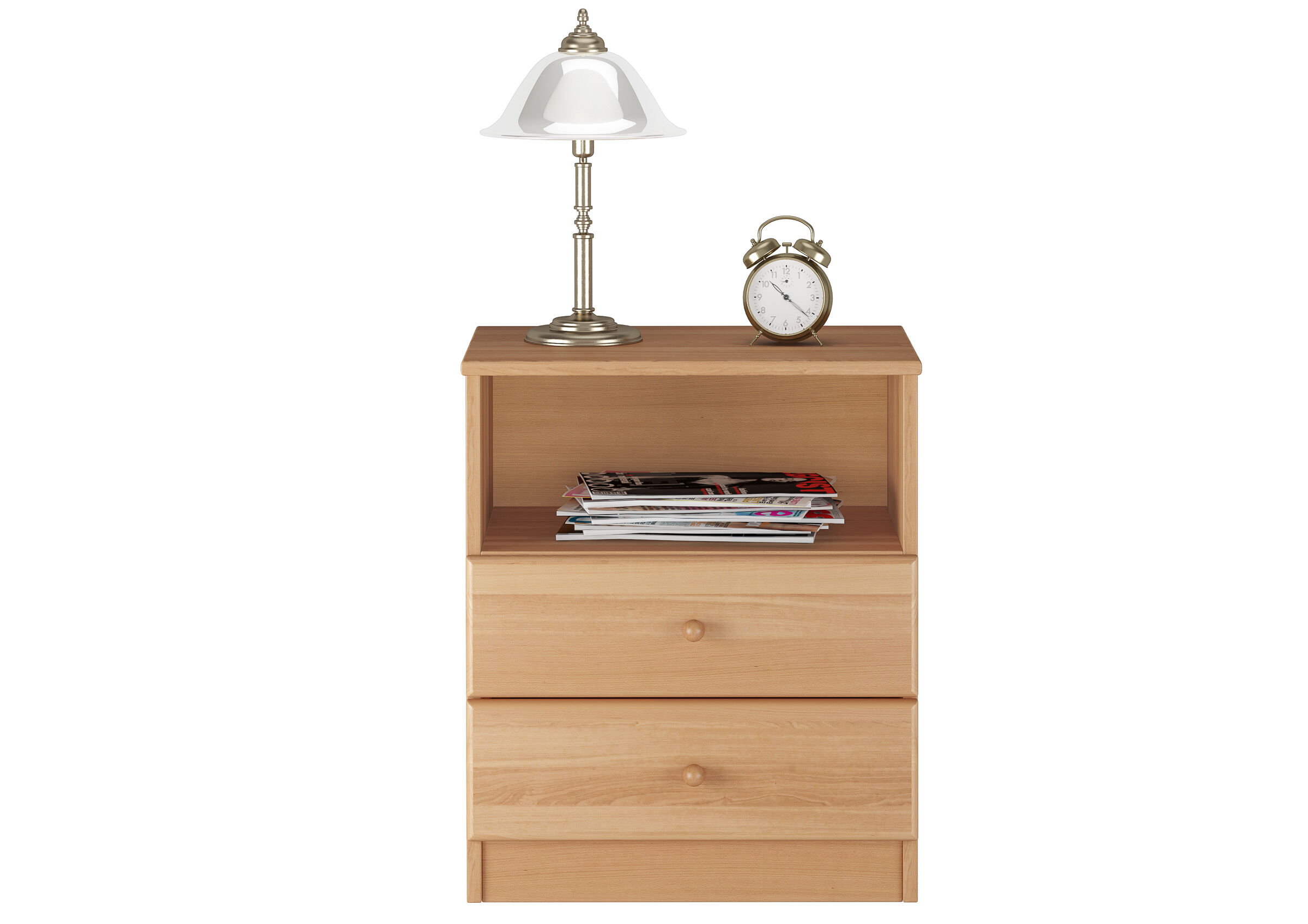 Nachttisch, Nachttischlampe, Uhr, Magazinablage, Schubladen, hoher Nachttisch Buche