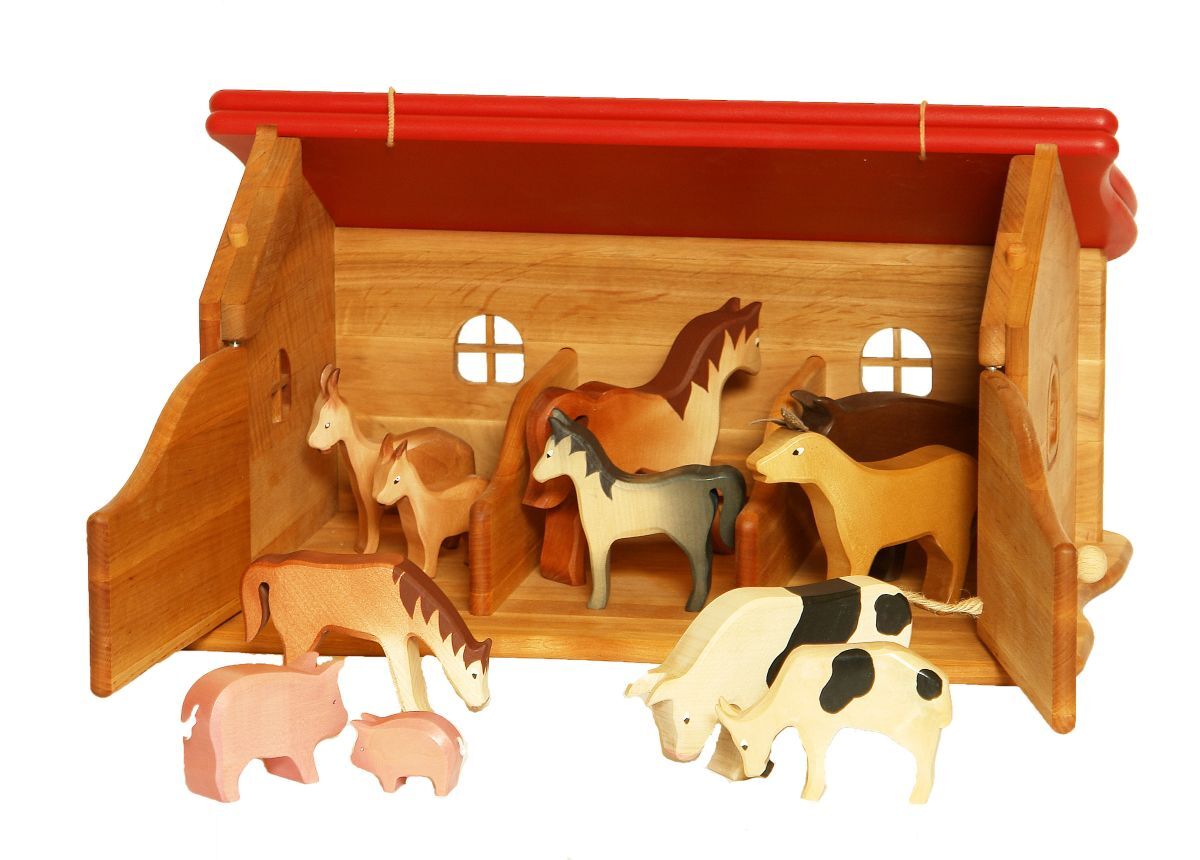 Holzspielzeug, Tierfiguren, Häuschen, Pferdefiguren, Holzstall, Holzscheune mit Holztieren