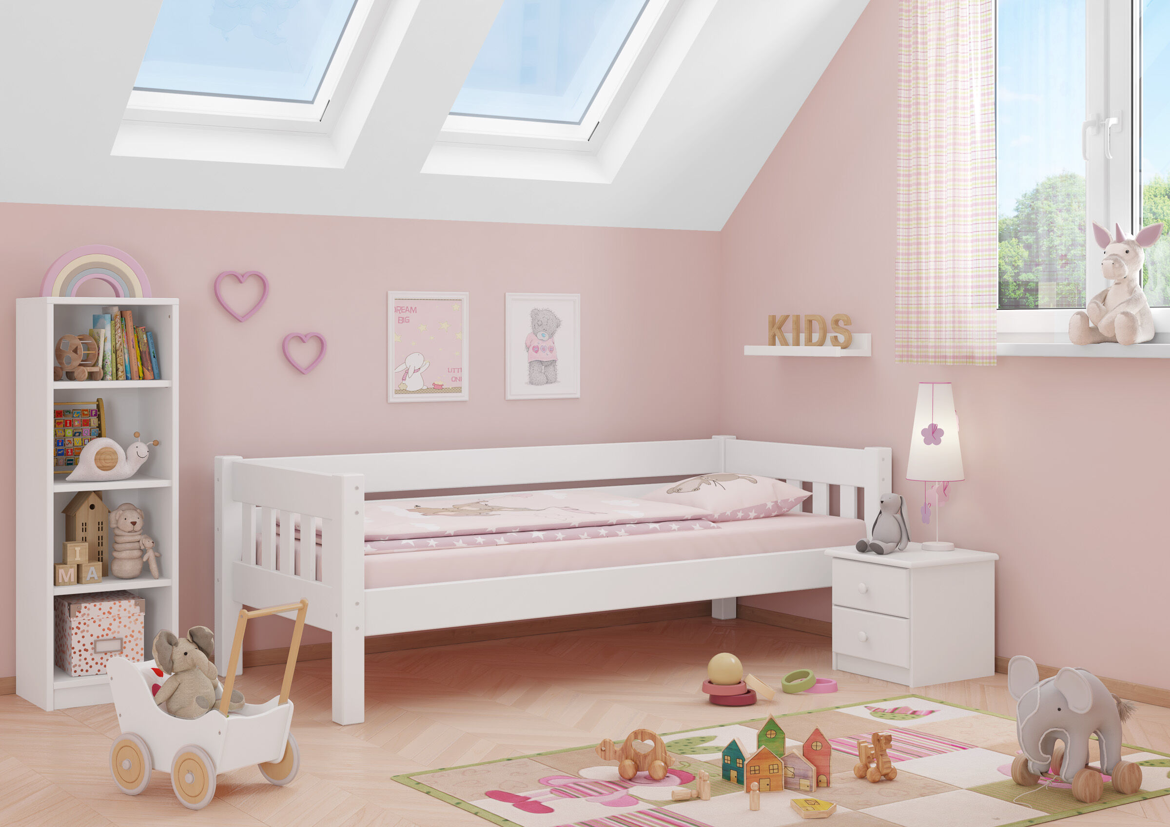 Kinderzimmer, Babybett, Rosa Wand, Spielzeug, Wächter-Set?, Mädchenzimmer des weißen Einzelbettes 90x200