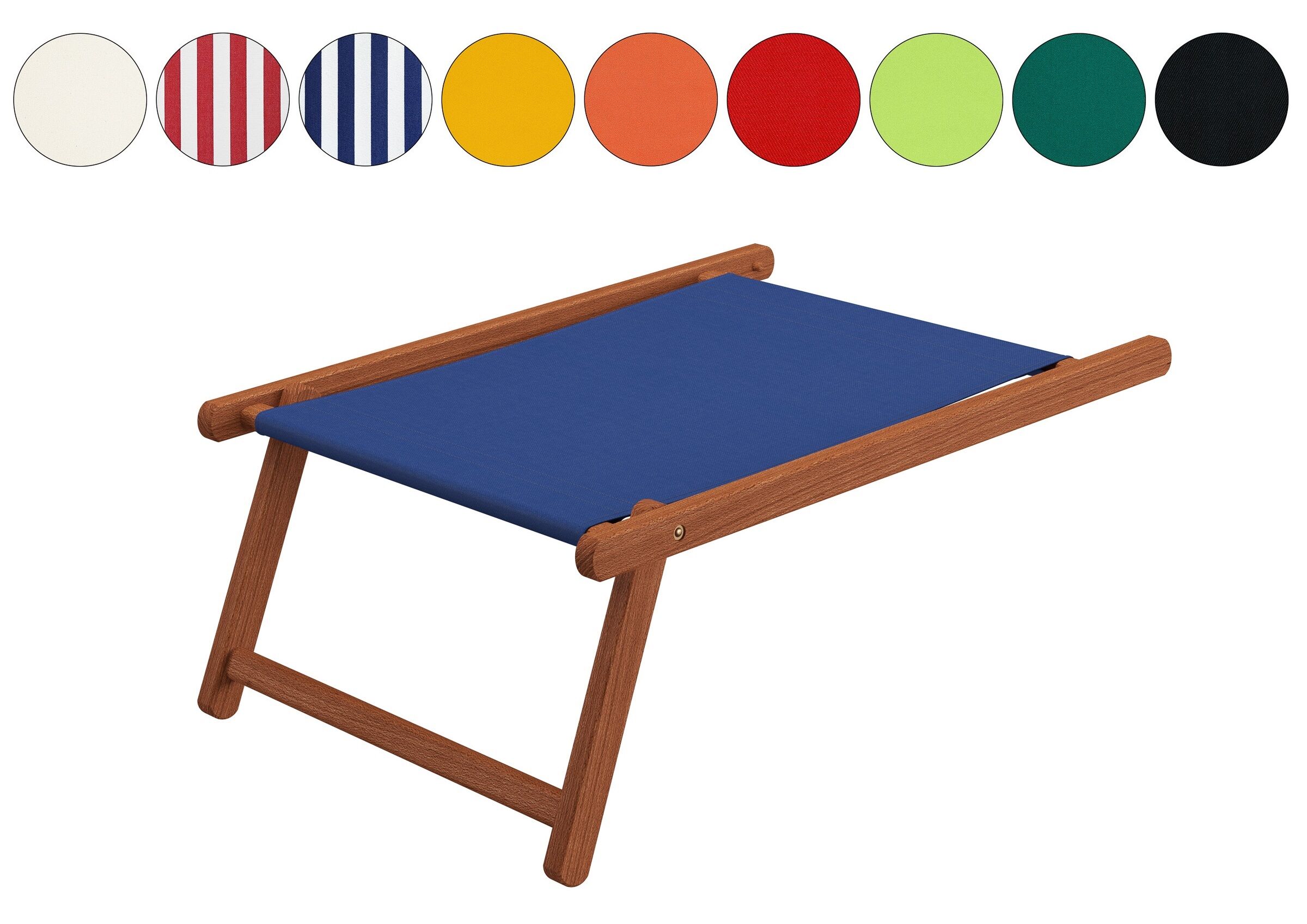 Sommerliege, Beistellbett, Holzgestell, Blaue Plane, Kunststoffbezug, Dunkles Fußteil mit wählbarer Stofffarbe