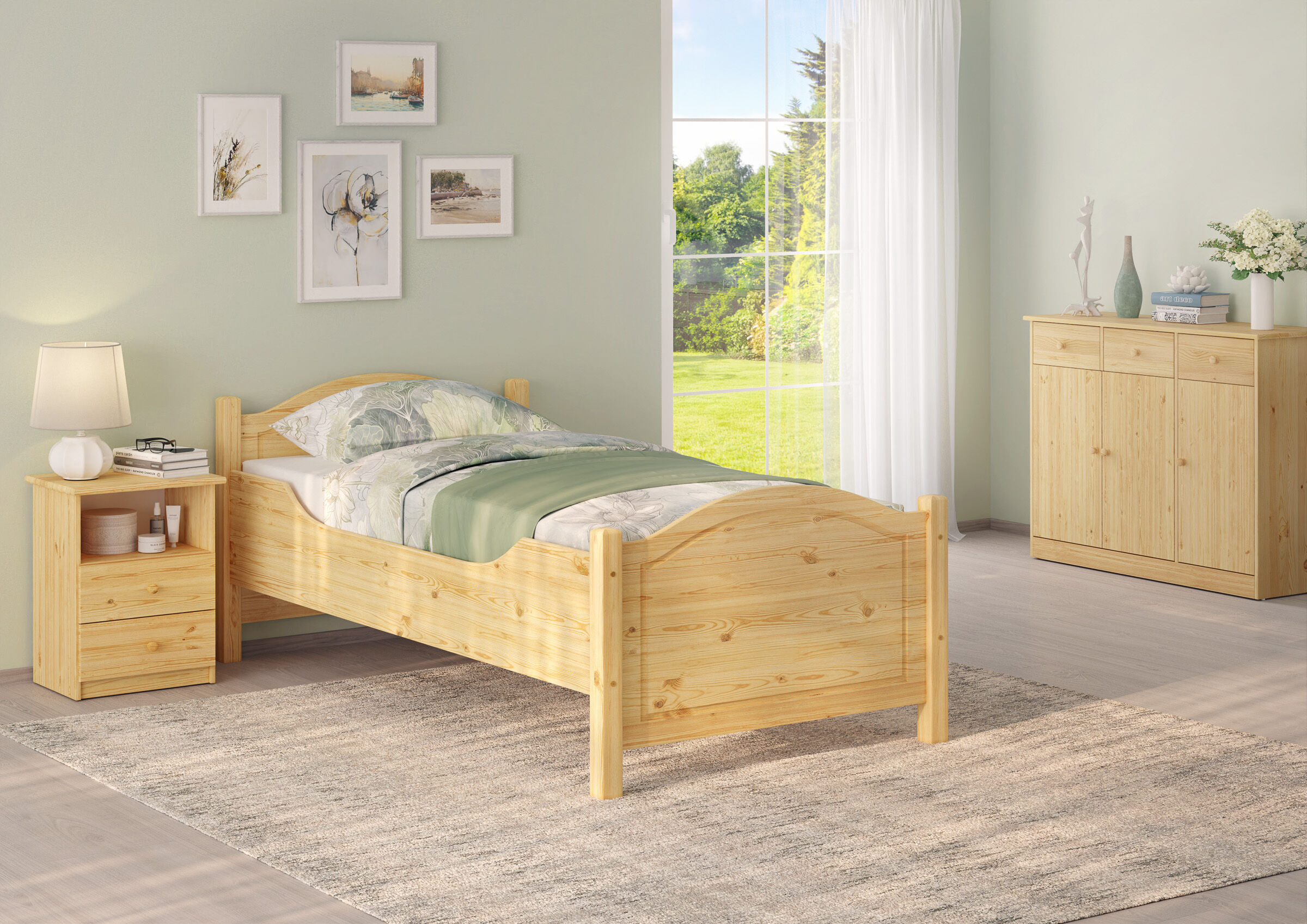 holzbettrahmen, einzelschrank, bettgestell, bettwäsche, wohnzimmer, Zimmerbild des Einzelbettes 100x200