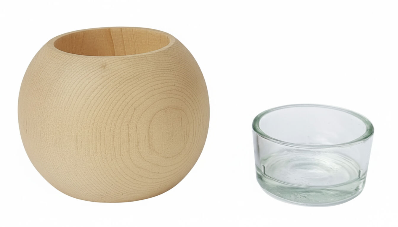 Holzvase, Rund, Naturholz, Vase, Glasuntersetzer, Zirbenkugel und Glaseinsatz