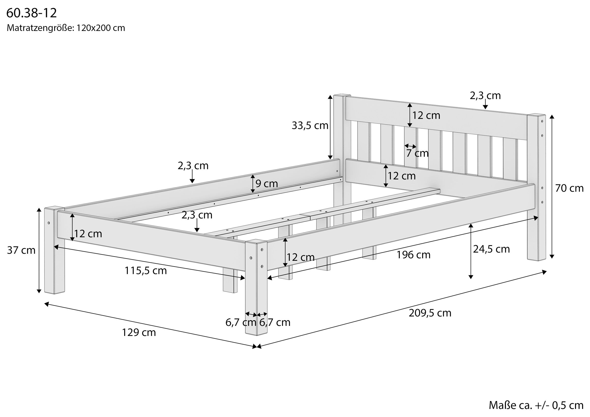 Holz-Bettgestell, Bettrahmen, Massivholz, Bettgestell 120x200, Holzbett, Maßskizze des Echtholzbettes 120x200