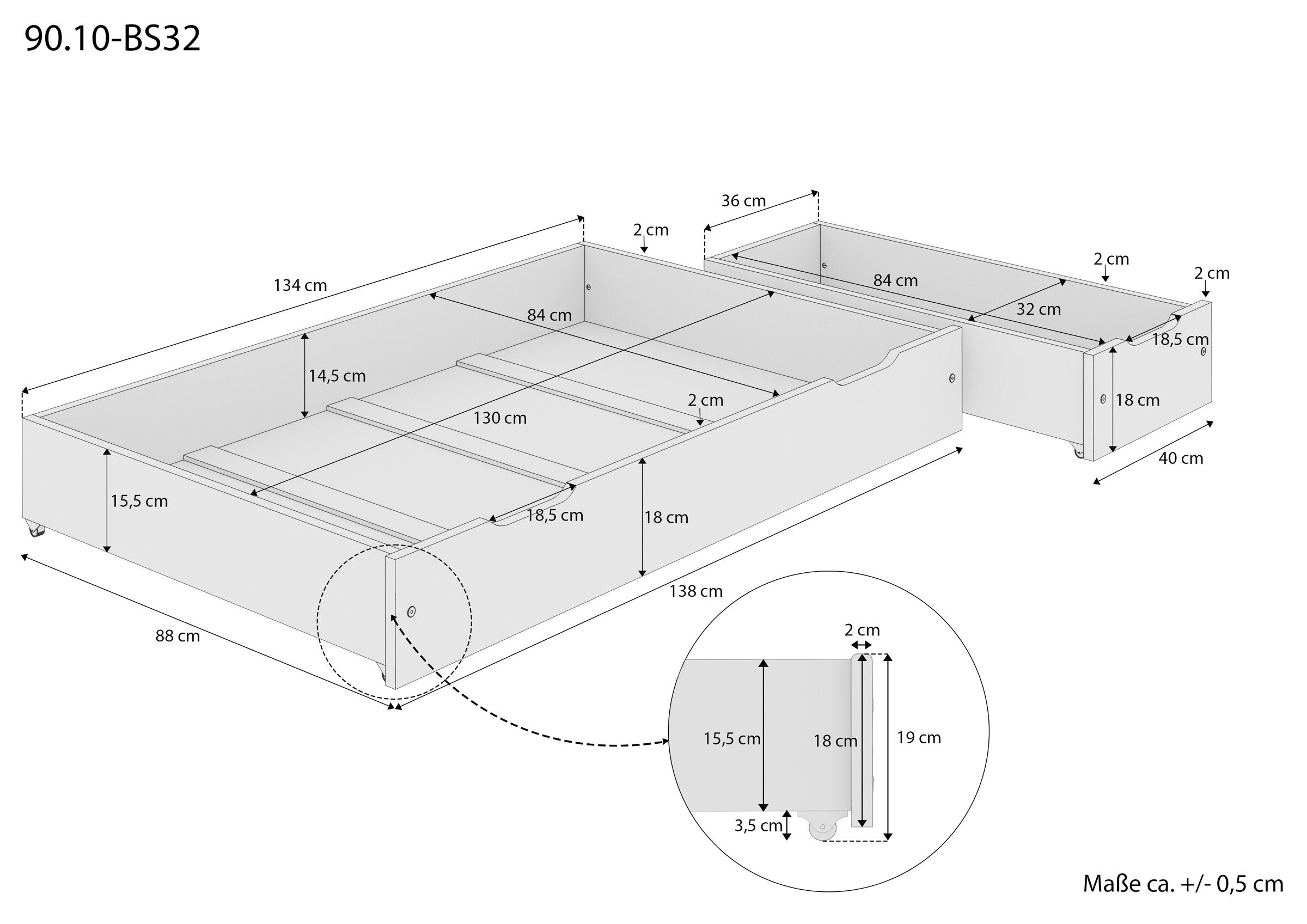 Maße Buchenholz-Bettboxen Diagramm, Handlung, Schublade, Mobiliar, Holzboxen auf Rollen für Bett
