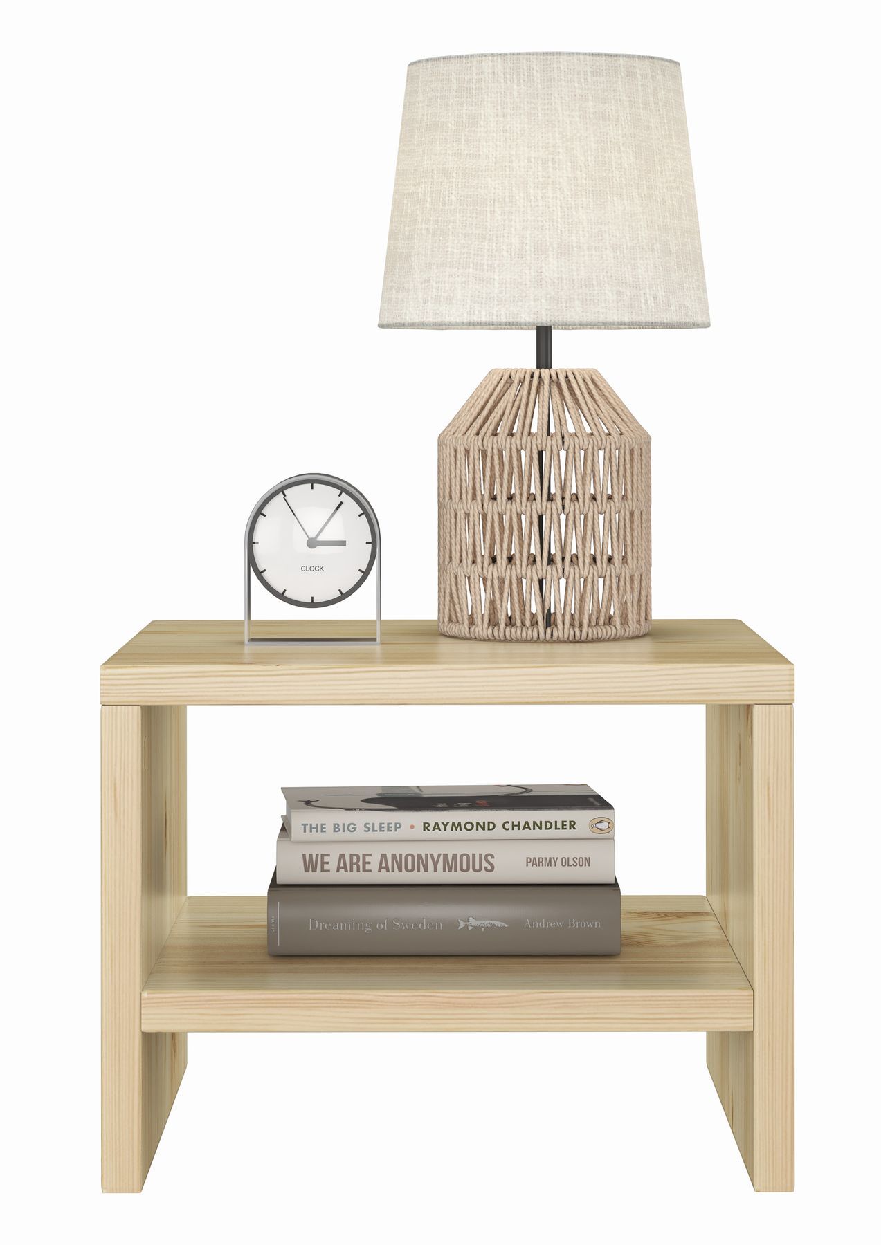 Beistelltisch, Nachtisch, Holz, Lampe, Bücherregal-Look, Unbehandelte Nachtkonsole mit 2 Ablagen