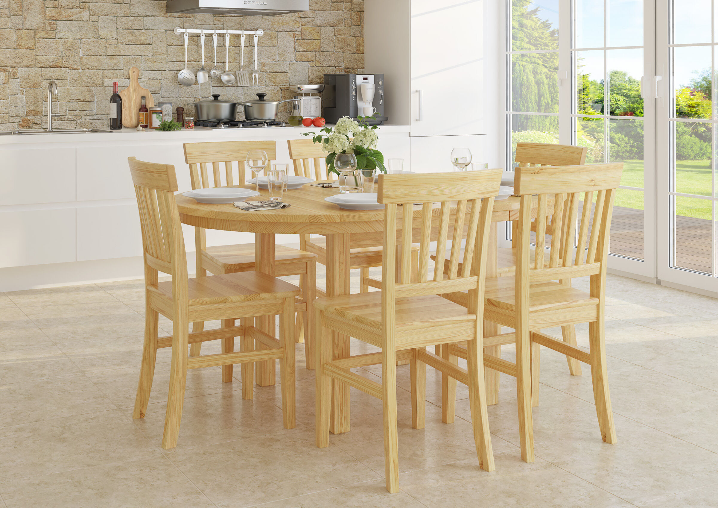 Esstisch, Rundtisch, Holztisch, Sitzgruppe, Holzstuhl, Sitzgruppe aus Kiefer für 6 Personen