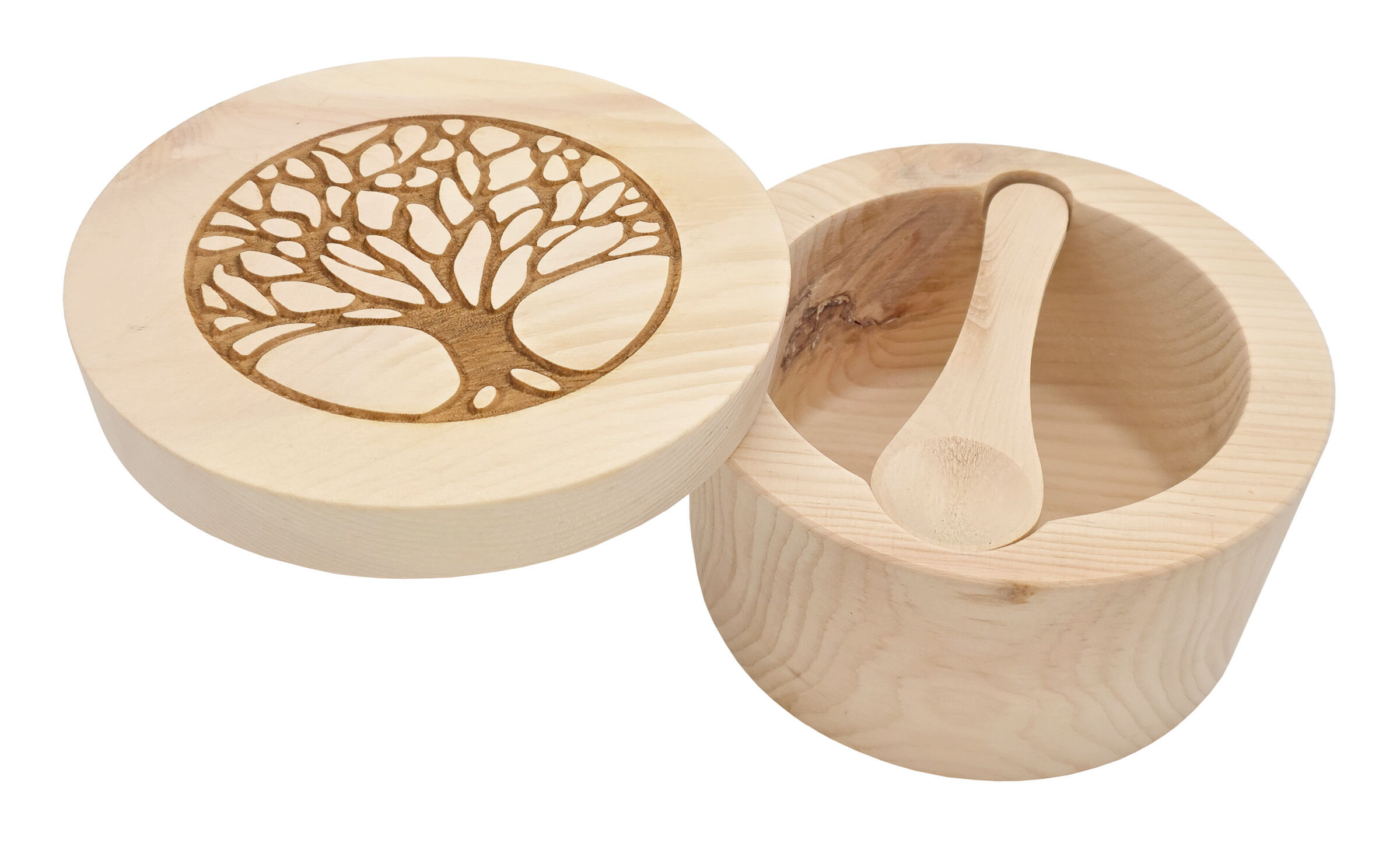 Holzbox, Schale, Holz, Durchbrochene Baumstruktur, Wurfschale, Salzdose mit Deckel und Löffel aus Zirbe