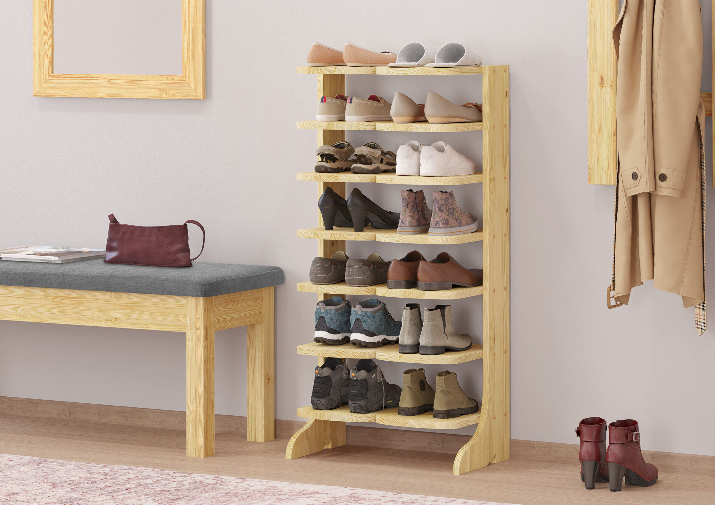Schuhregal, Schuhe, Holzregal, Schuhaufbewahrung, Flur, Holzschuhablage aus Kiefer in Stiefelform