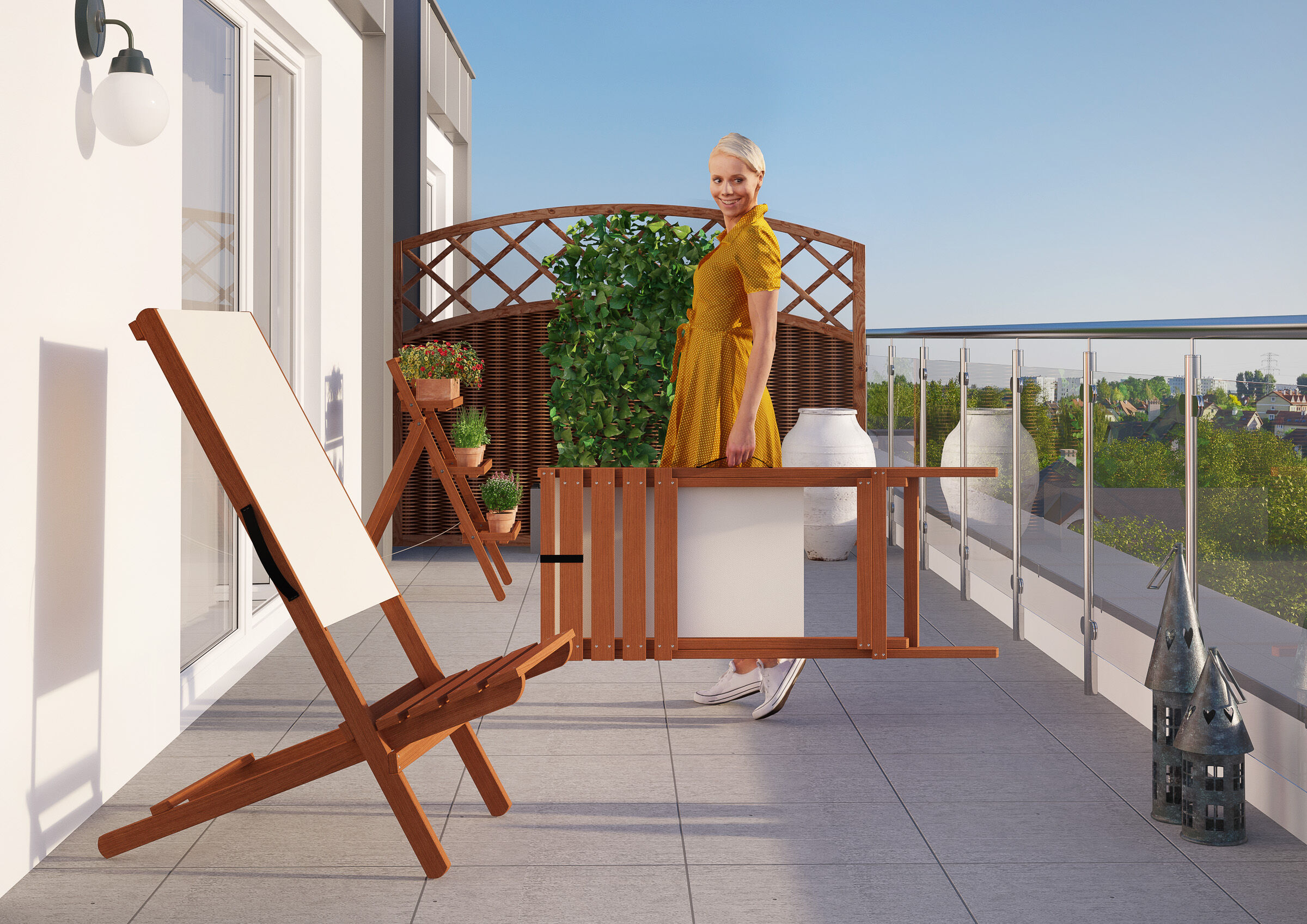 Terrasse, Balkon, Outdoor-Möbel, Holzterrasse, Gelbes Kleid, zusammenklappbarer Balkonhocker weiß