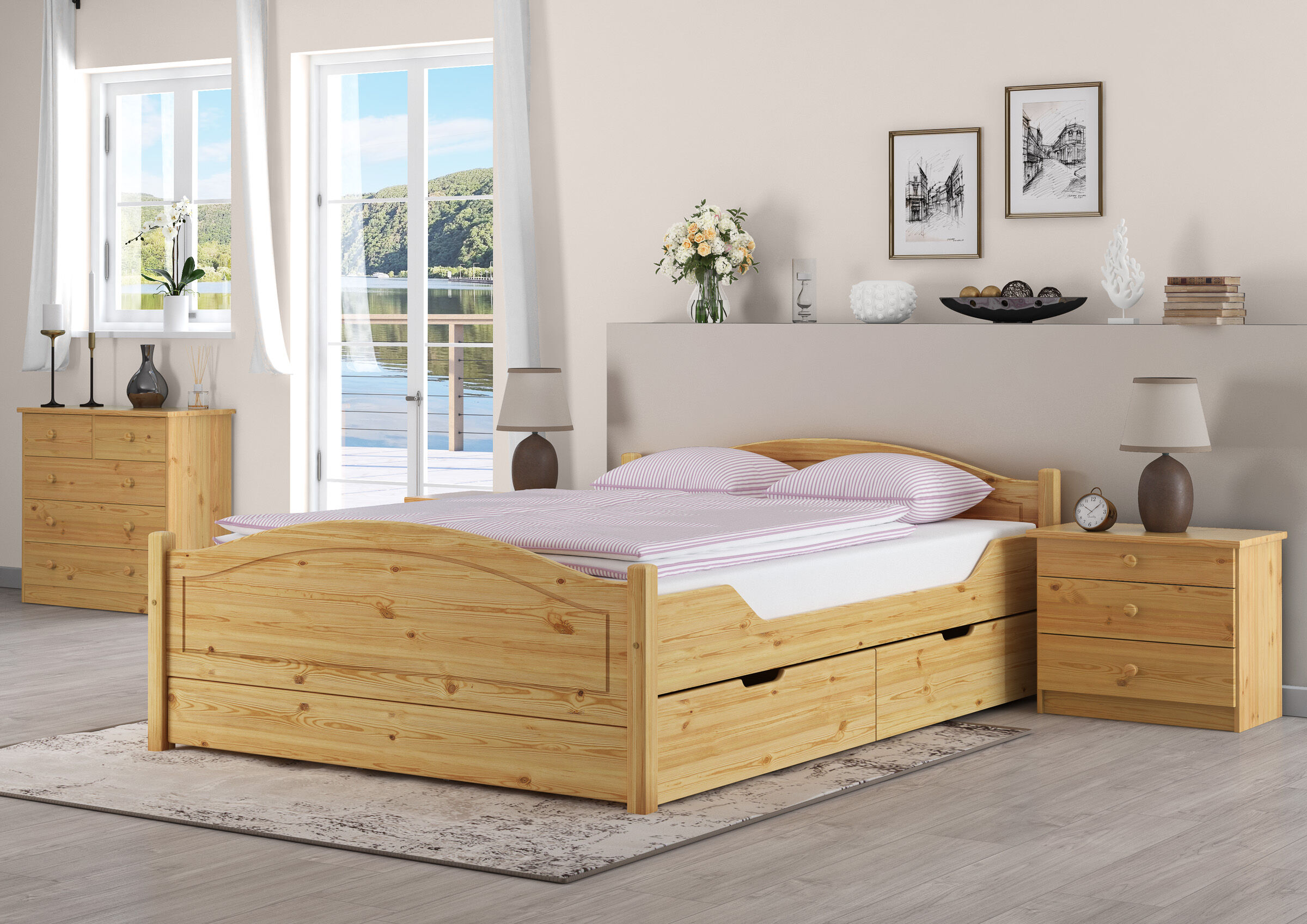 Holzbetten, Kingsize Bett, Nachtisch, Holz Kommode, Bettwäsche Pink, Schlafzimmerbild Kiefer Bett natur