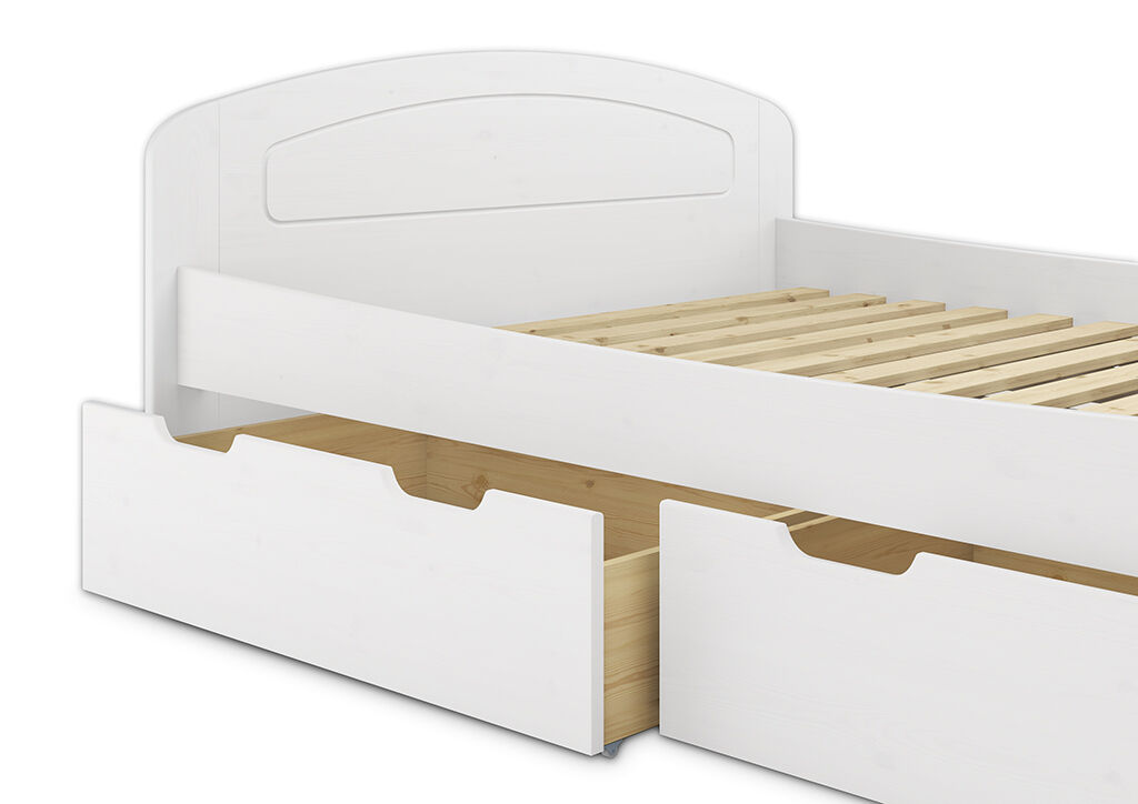 Holzbett Kiefer weiß Doppelbett 160x200 3 Bettkasten Rollrost Matratze Seniorenbett Zubehör wählbar V-60.50-16W
