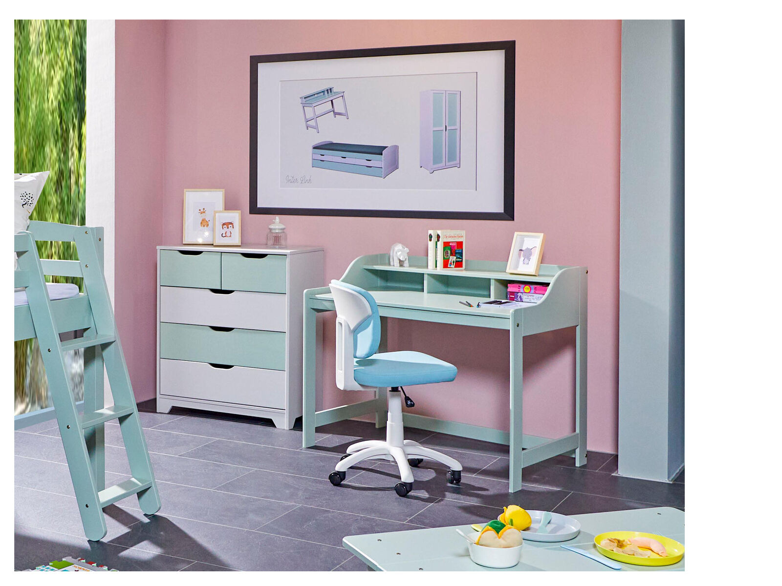 Kinderzimmer, Schreibtisch, Babyblau, Puderrosa, Möbel-Set,
