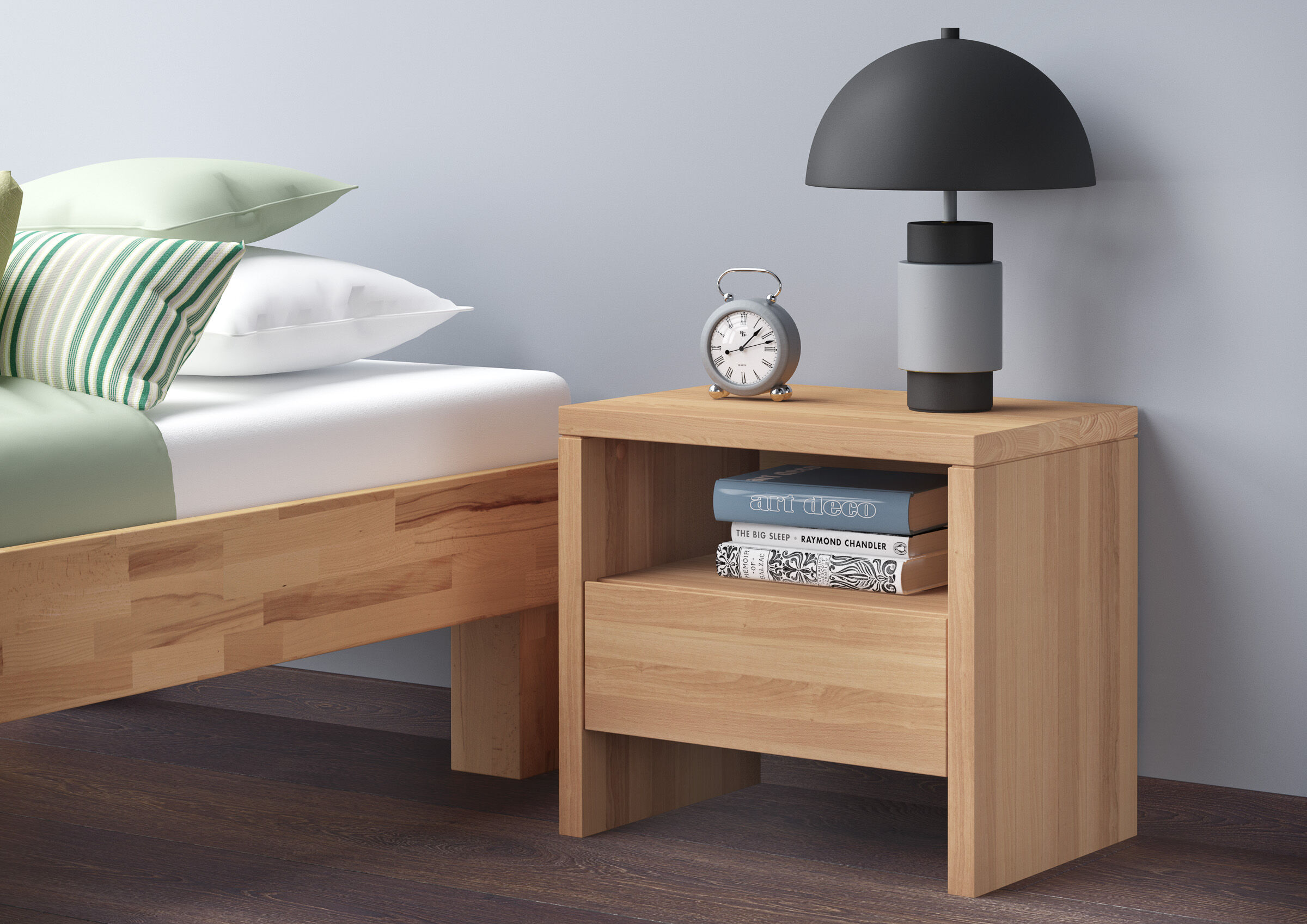 Bett, Nachttisch, Lampe, Wecker, Bücher, Buche geölt Nachtkonsole