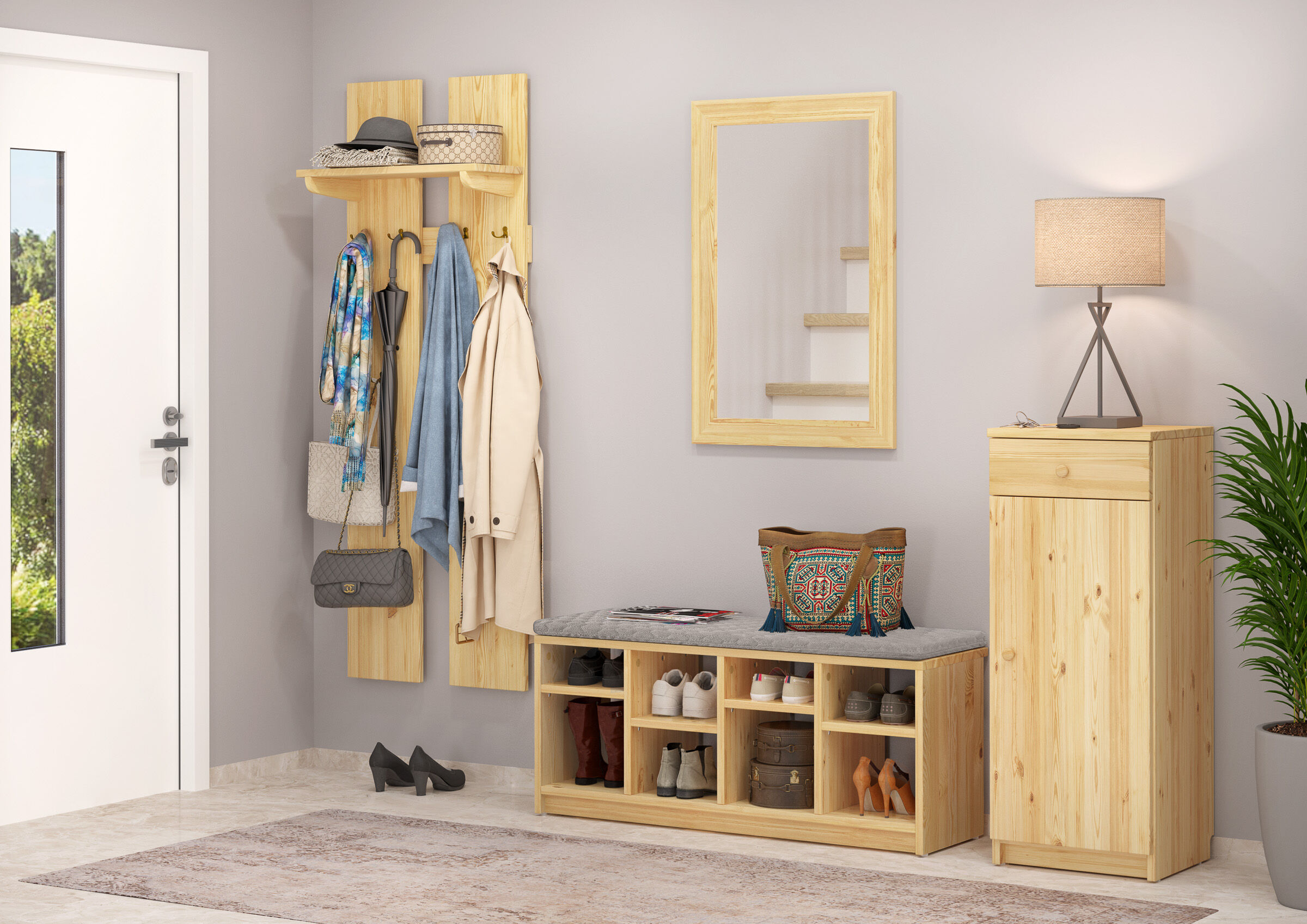 Flur, Garderobe, Schuhregal, Holz, Kleidung, Echtholz-Garderobe Kiefer