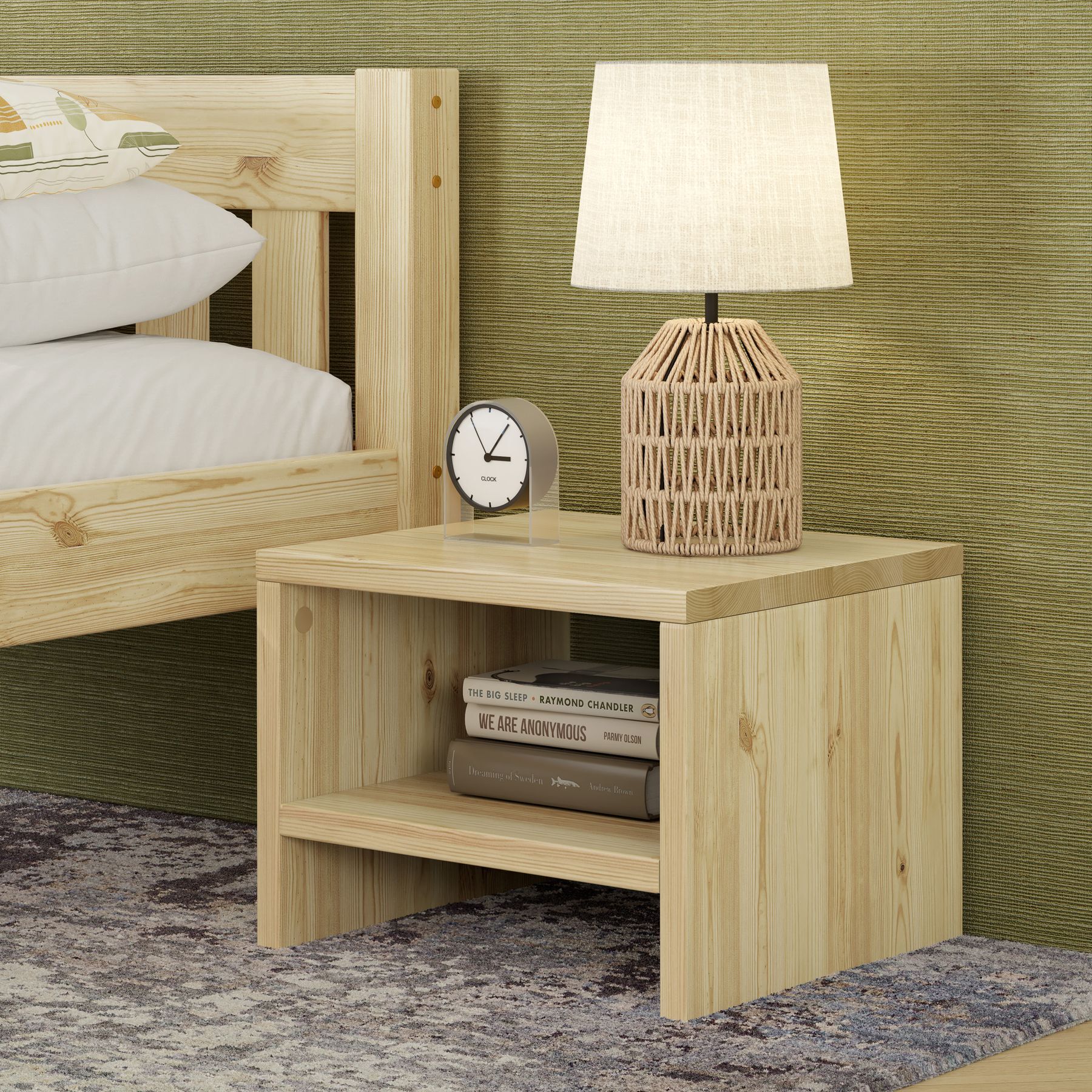 Nachttisch, Nachttisch-Holz, Holz-Nachttisch, Tischlampe, Bücherregal-Nachttisch, Sideboard Kiefer mit 2 Ablagen