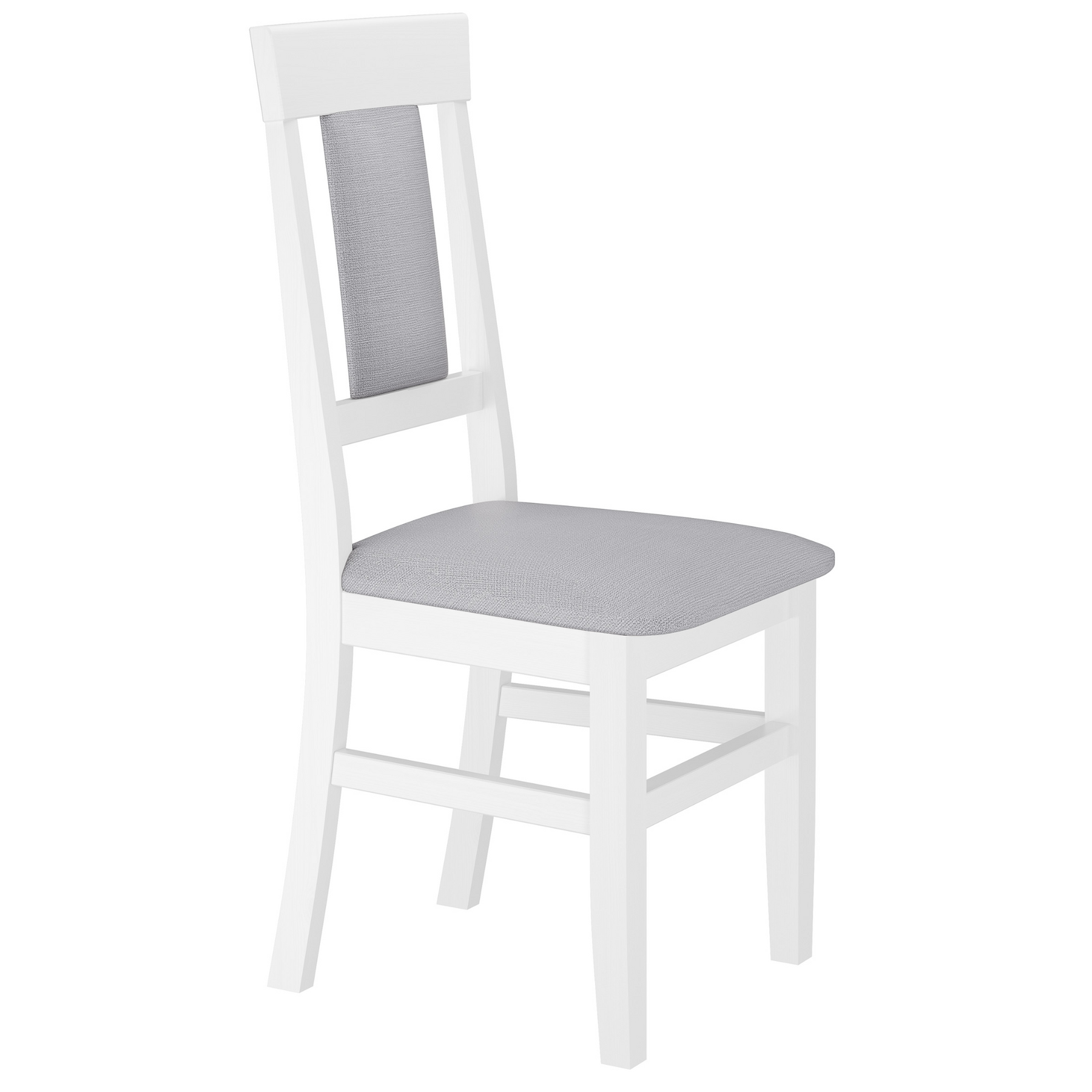 Stuhl, Holzstuhl, weiße Farbe, graue Polsterung, gerade Rückenlehne,  Stabiler Holzstuhl aus massiver Kiefer, Modell 25 Bezug Grau, waschweiß lackiert, Modernes Design mit gepolstertem Sitz und Lehne
