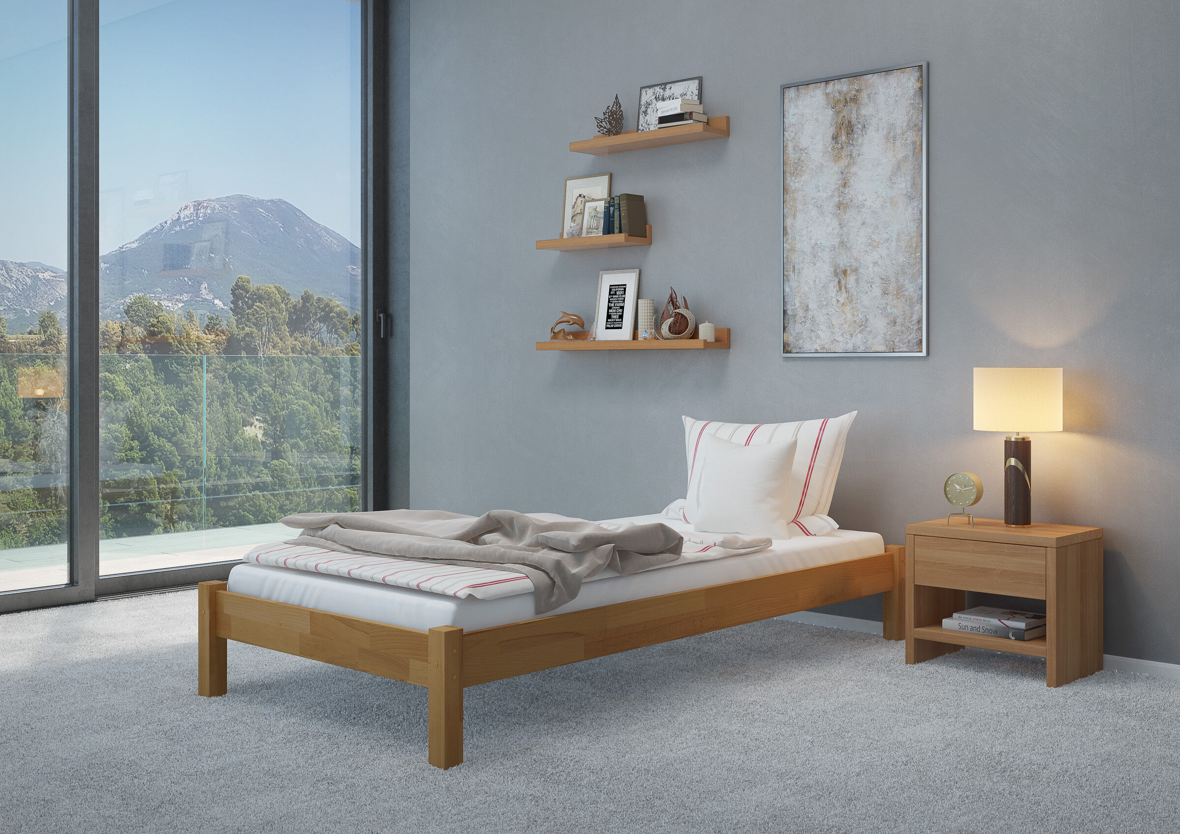 Bett, Holzbett, Bettgestell, Nachttisch, Lampe, Schlafzimmerbild Holzbett Buche