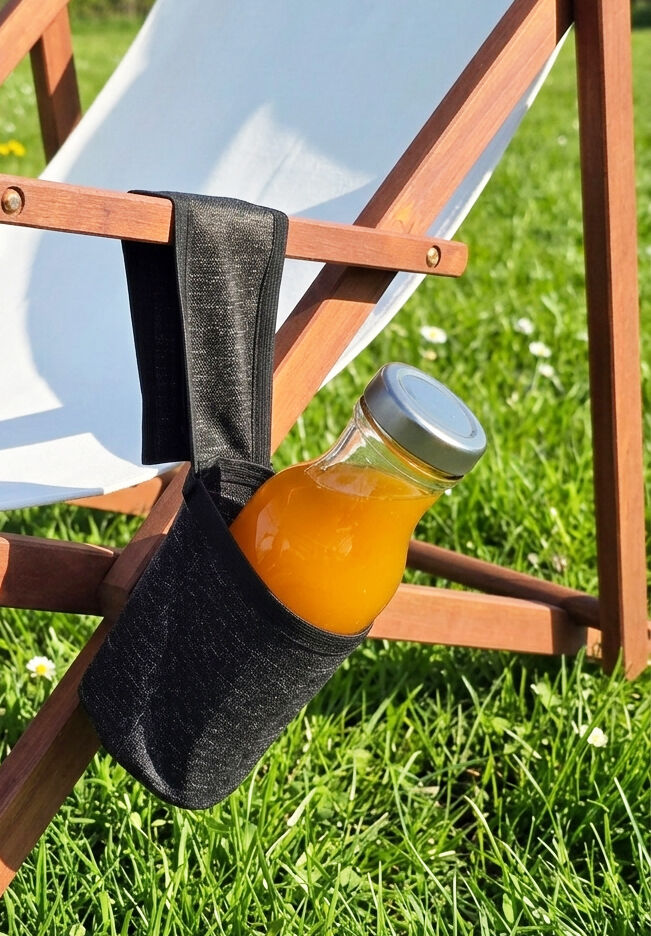 Trinkflasche, Glasflasche, Ausführung?, Outdoor-Accessoire, Sommer-Produkt, Liegestuhl auf Wiese mit Flaschenhalter
