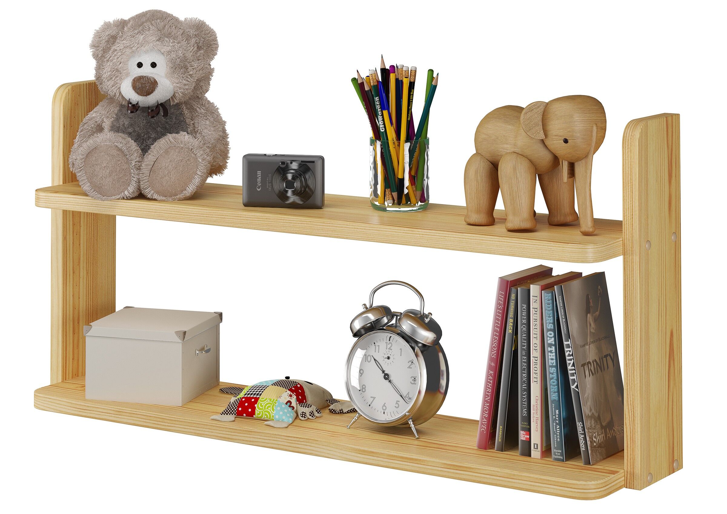 Teddy, Kunststoffkamera, Bleistifte, Holzfigur, Bücherstütze, Einhängeregal für Etagenbett