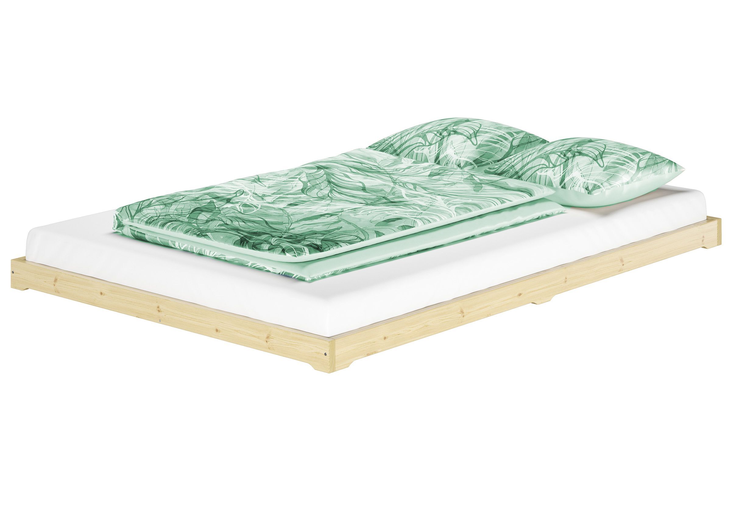 bettgestell, matratze, bettwäsche, duvet, grünes muster, Doppelbett rohes Holz