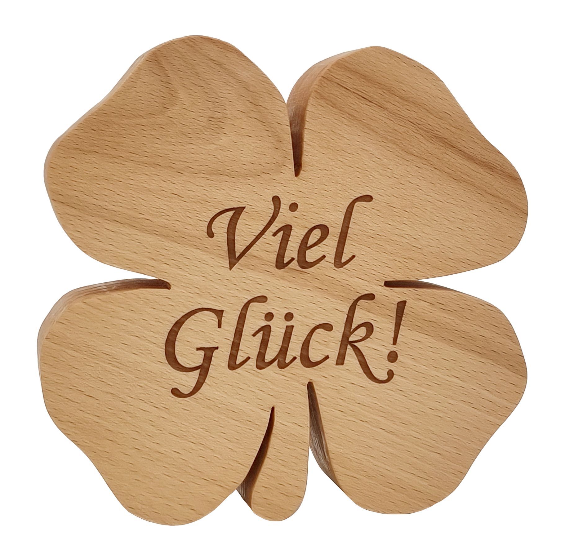 holz, Kleeblatt, Grußkarte?, viel glück?, deko, Detailbild des Schriftzugs "Viel Glück!"