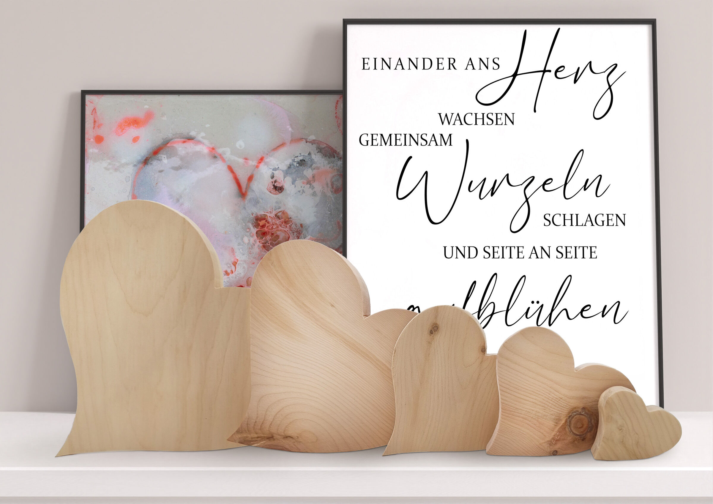 Holzherzen, Herz-Dekoration, Rahmenkunst, Herz-Set, Wandkunst, Zirbenherzen verschiedene Größen