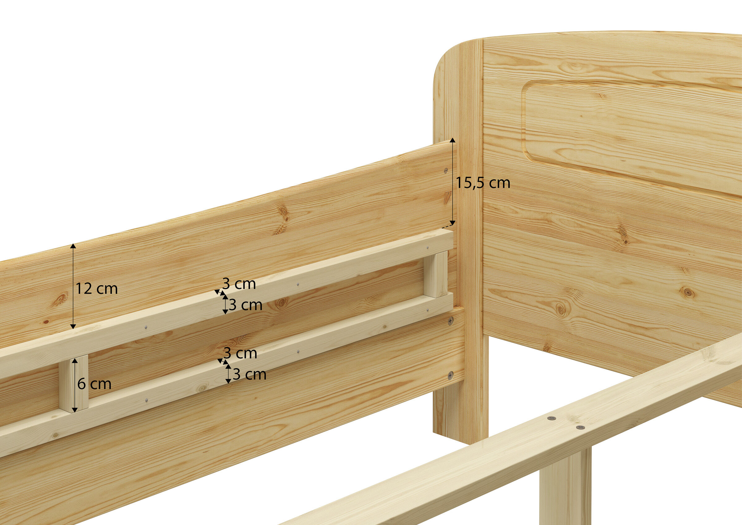 Holzbett, Kinderbett, Holzlatten, Bettrahmen, Maße 15,5 cm/12 cm, Detailbild der mittlerer Stufe der Einlegetiefe