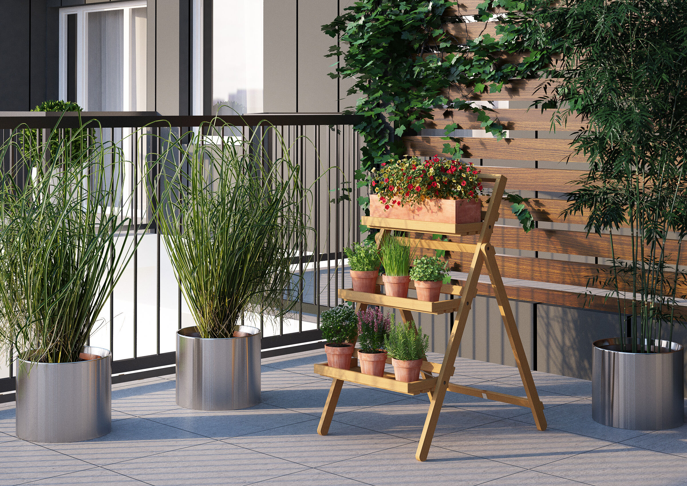 pflanzen, pflanzentreppe, blumentreppe, garten balkon, pflanzengefäße, Praktische Blumentreppe am Balkon