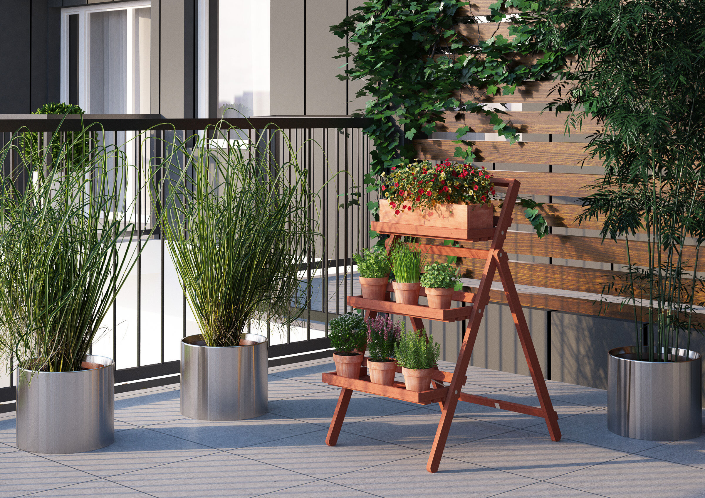 pflanzen, pflanzenständer, terrassengestaltung, blumen, pflanztöpfe, Holz-Kreuterregal an der Terasse