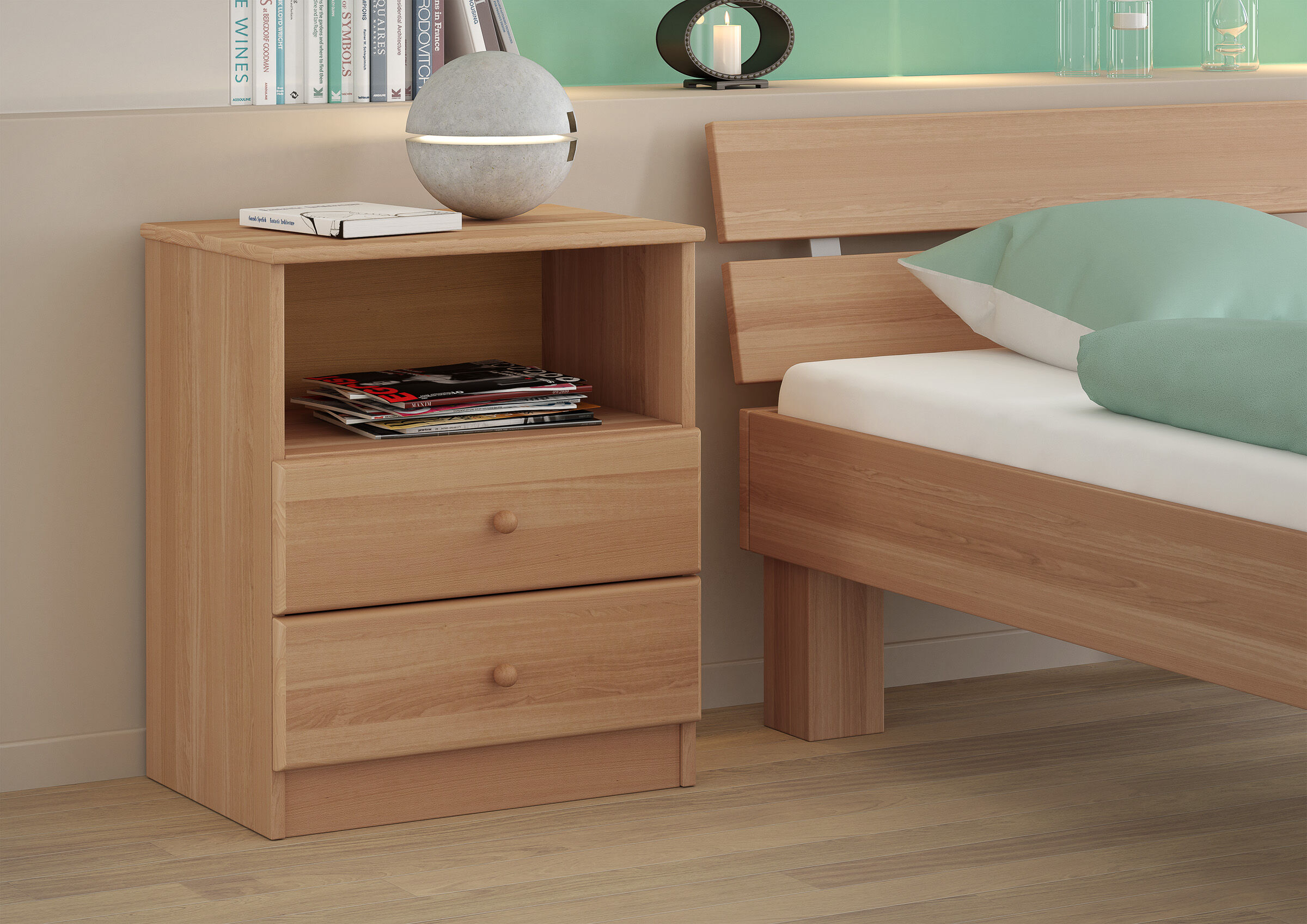 Nachttisch, Nachttischschublade, Holz, Magazinablage, Magazine, Zimmerbild Buche Nachtkommode