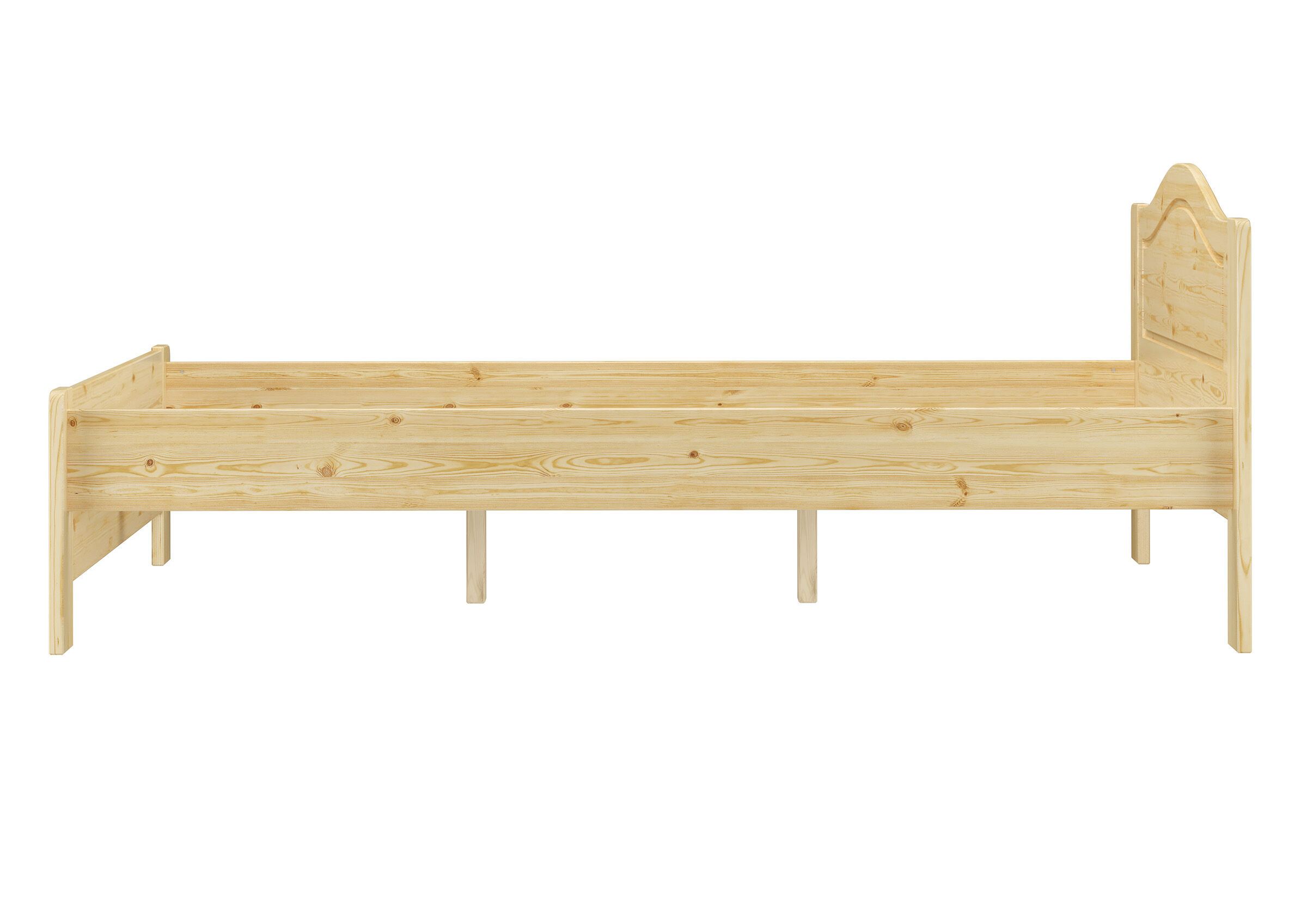 Holzbett, Kojenbett, Massivholz, Kopfteil-Dekor, ungefärbte Holzoptik, Kiefer Bett Seitenansicht
