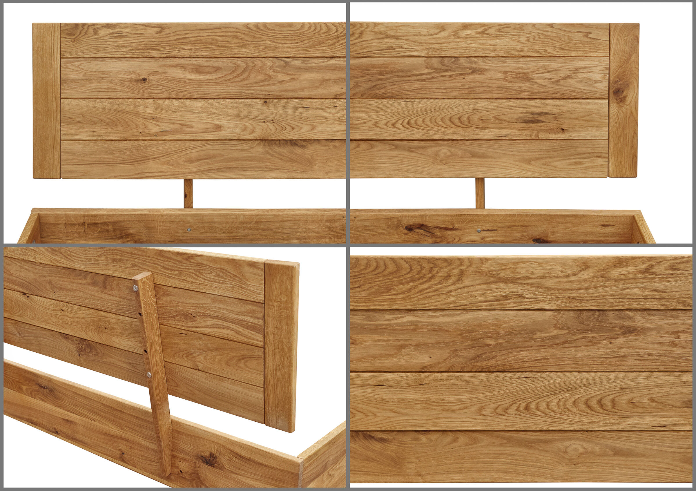 Holzbett, Holzlatten, Naturholz, Massivholz, Holzfinisch, Detailbilder des Kopfteils Eiche massiv
