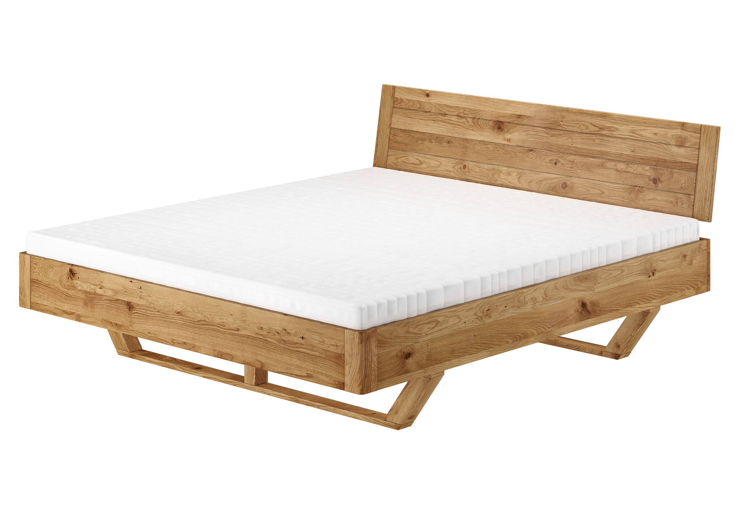 holzbettrahmen, holzbett, spiegelholz, rohesholz, madratzonen, Schwebendes Doppelbett mit Rollroste und Matratzen
