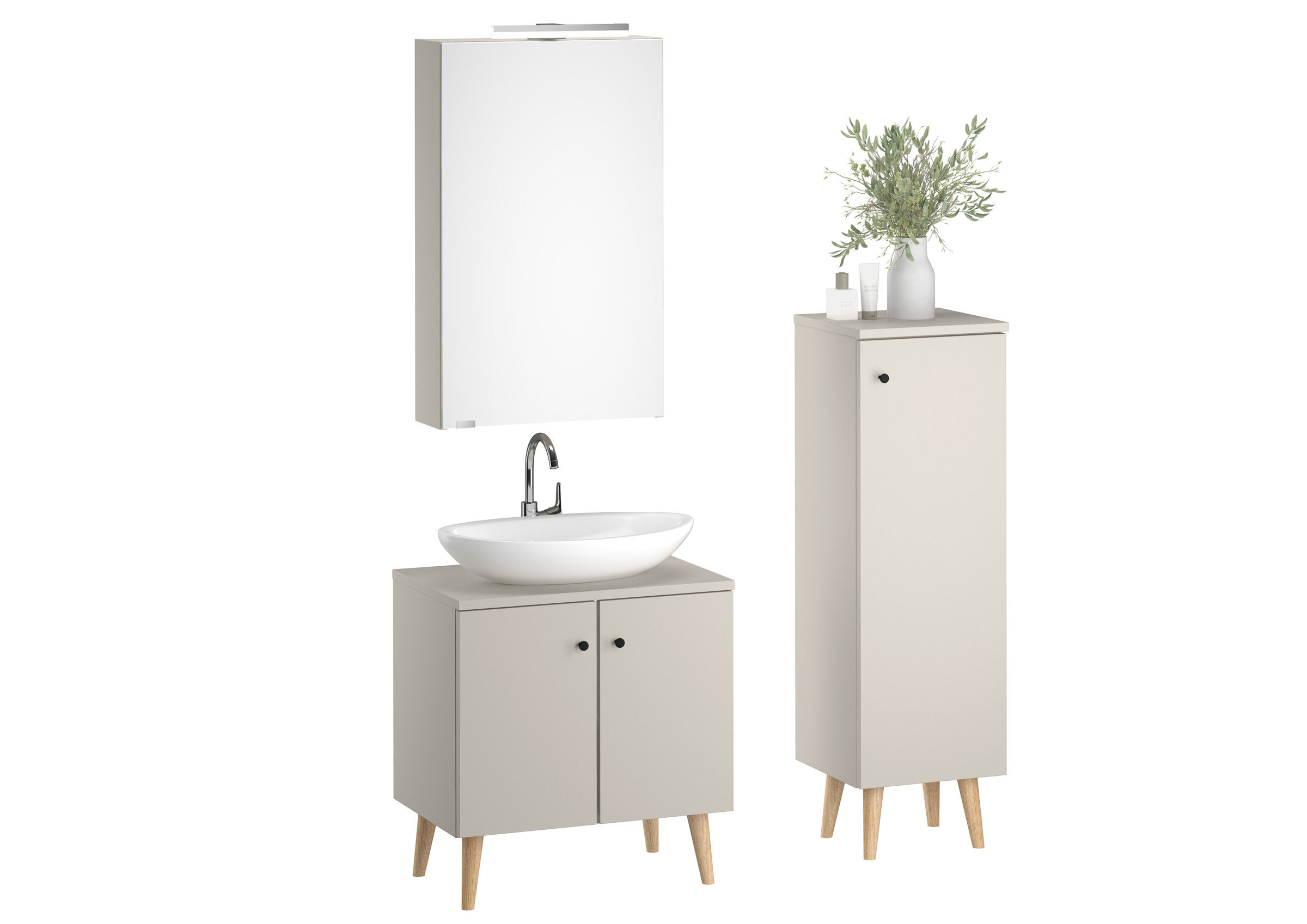 Waschtisch, Waschbeckenunterschrank, Spiegelschrank, Tallboy, Holzbeine, Badezimmer Set