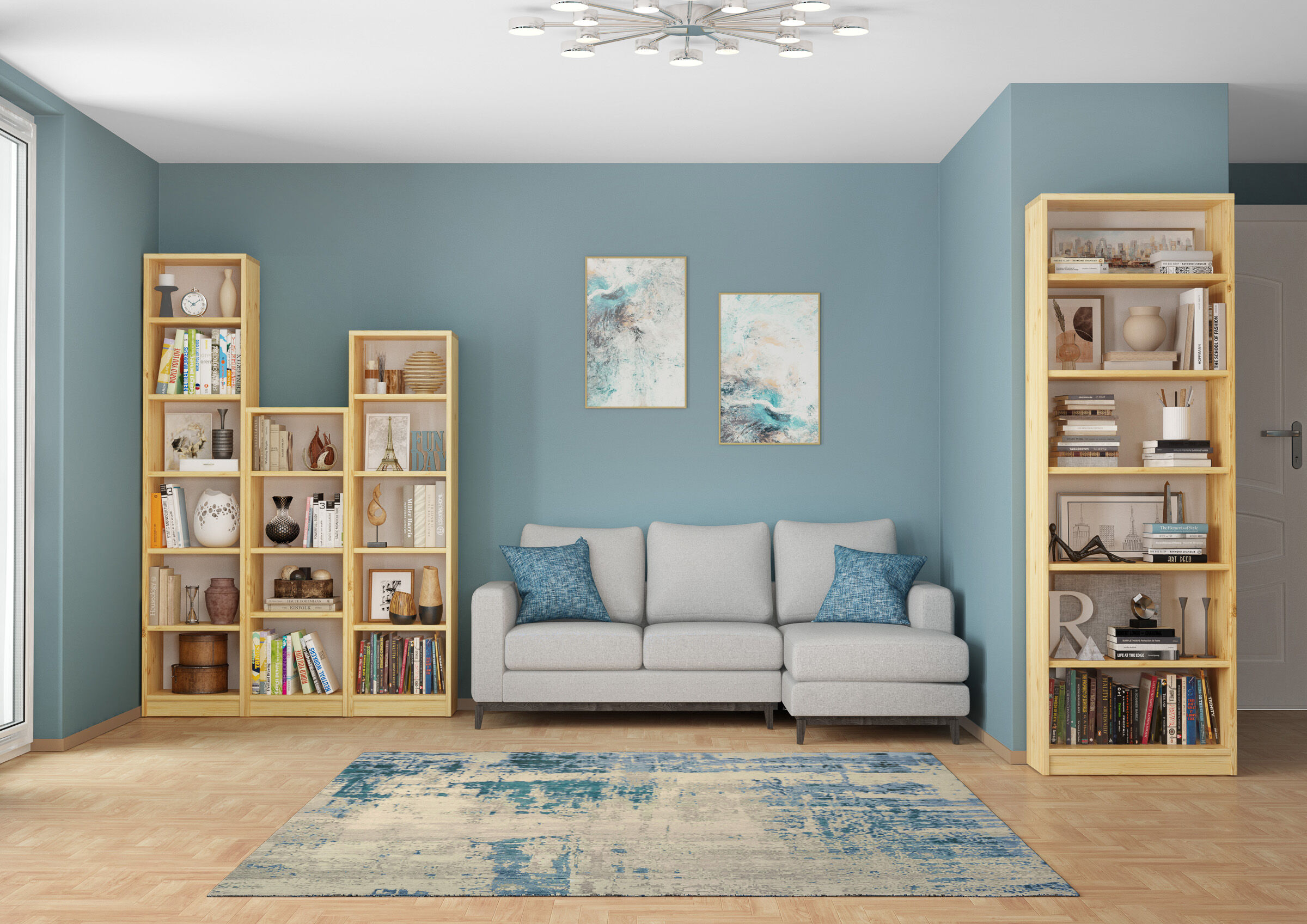Wohnzimmer, Bücherregal, Sofa, Wanddekor, Teppich, Bücherregale Zimmer