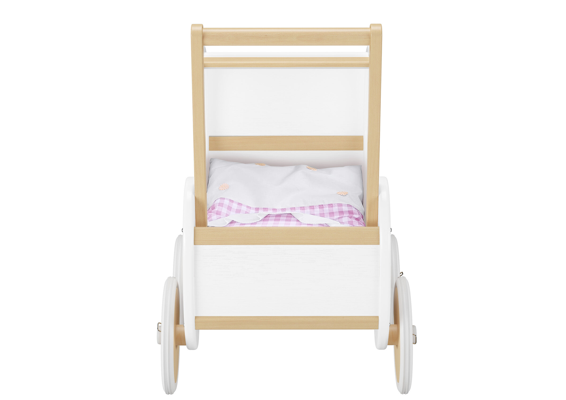 Kinderbett, Holzrahmen, Holz, Kissen, Rädern, Vorderansicht Puppenwagen
