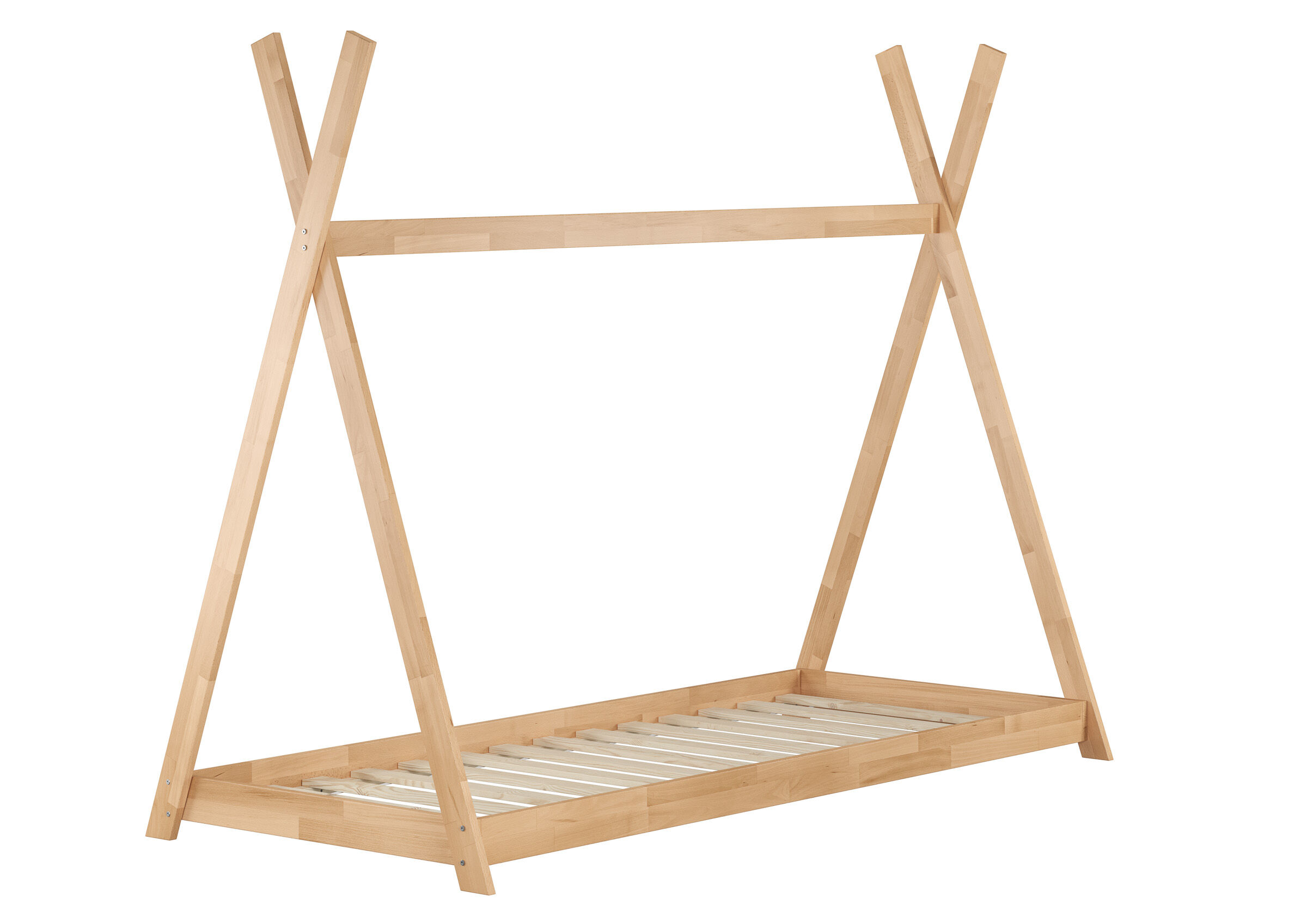 Gemütliches Einzelbett 90x200 für Kinder mit Rollrost Krippe, Mobiliar, Bett für Säuglinge, Flaches Massivholzbett 90x200 in Tipi-Form mit Rollrost