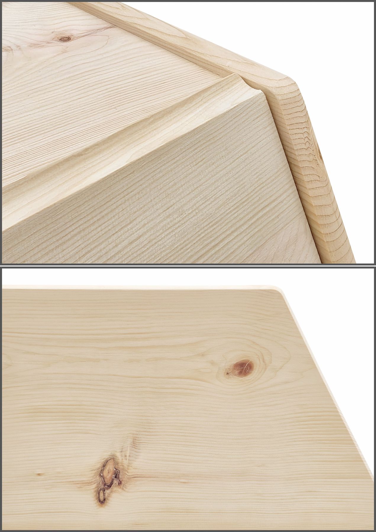 Holz, Holztisch, Sichtbare Maserung, Naturholz, Kante gerundet, Detailbild des Griffs an der Front