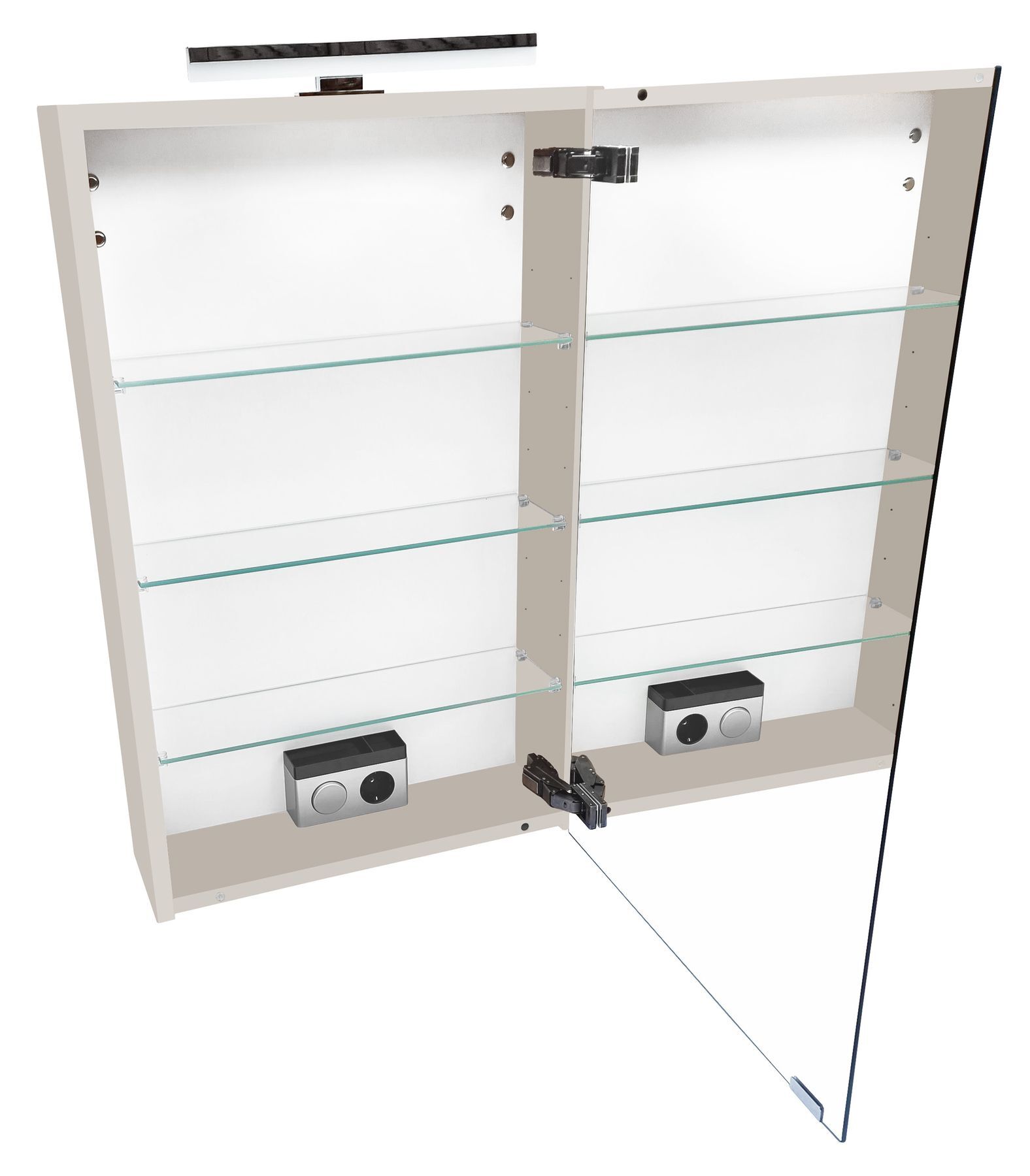 Vitrine, Glasregal, Schranktür, Glasscheibe, Halterung, Detailbild Spiegelschrank Bad