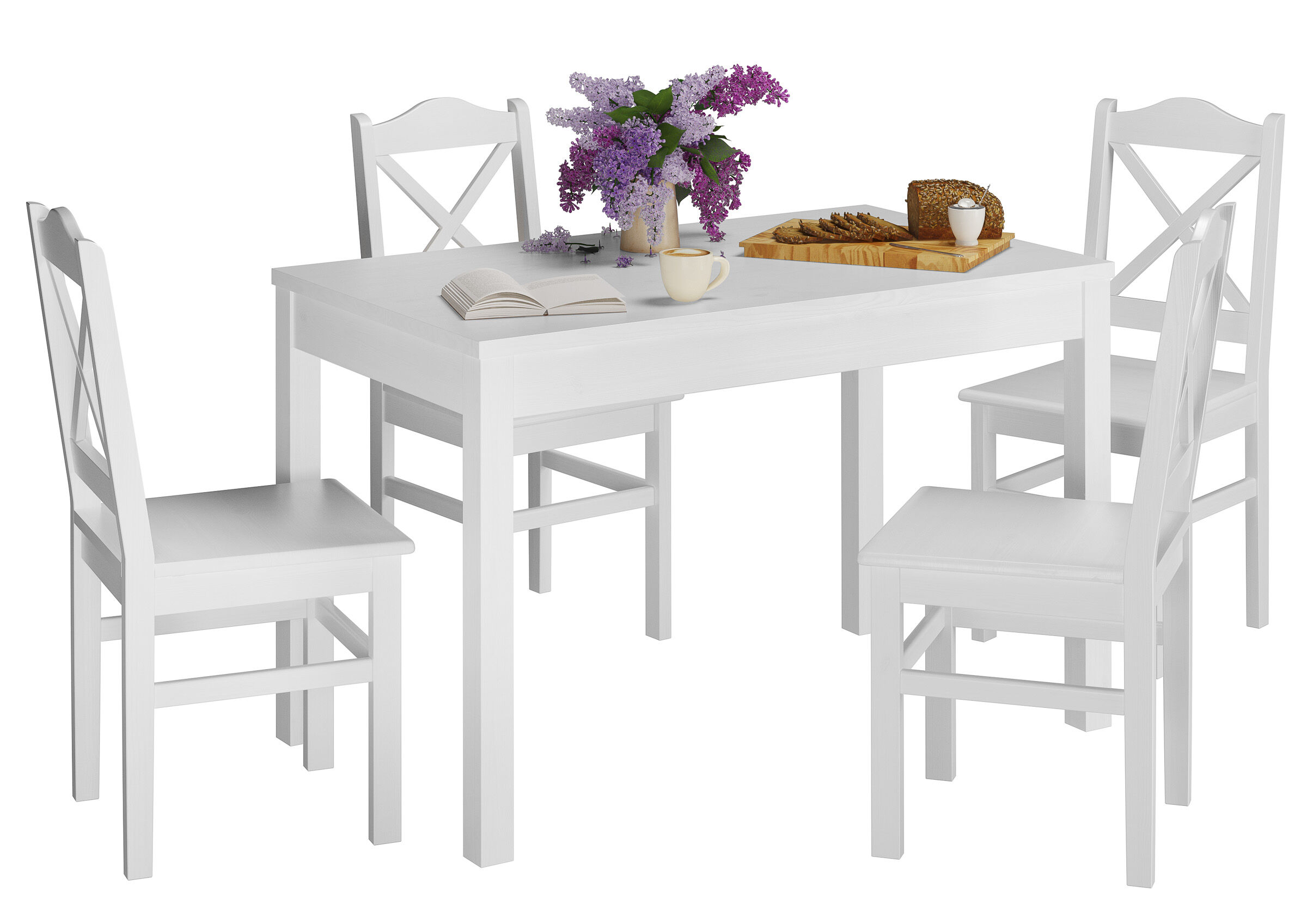 Esstisch, Holztisch, weißer Tisch, Stühle mit Kreuzrücken, Küchentisch, Esszimmer weiß