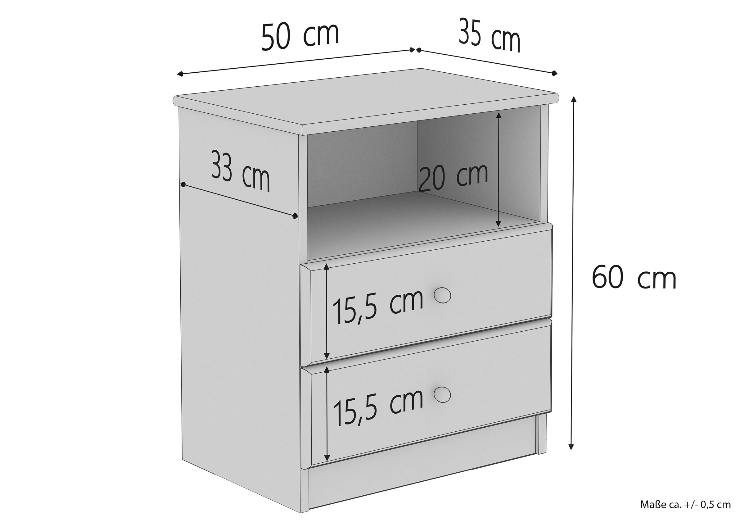Kleiderschrank, Schubladen, Nachttisch, Schrankkomponente, Holzoptik, Skizze mit Maße