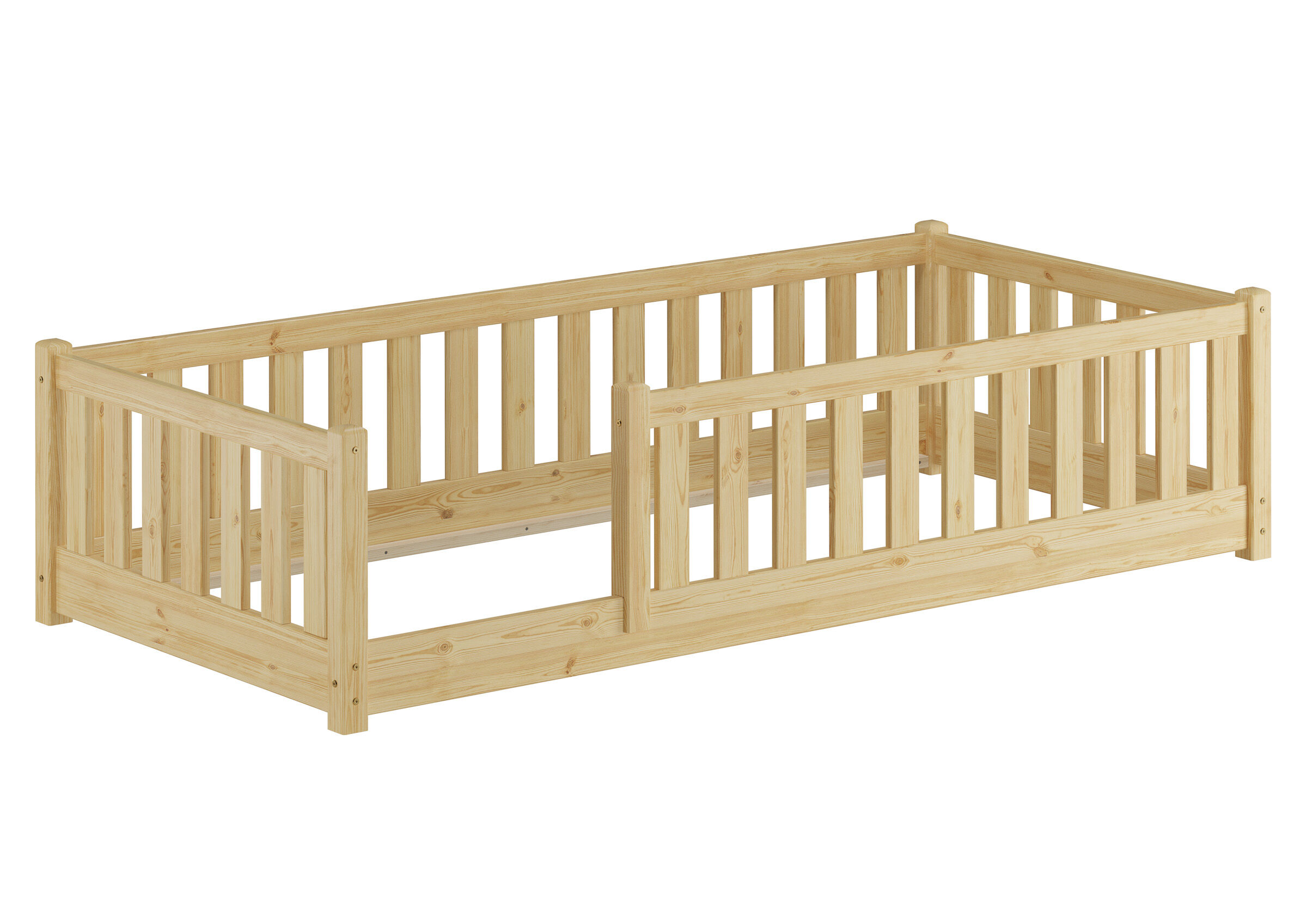 Kinderbett, Holz, Kojenbett, Naturholz, Gitterbett, Niedriges Flachbett 90x200 aus Kiefer für Kinder