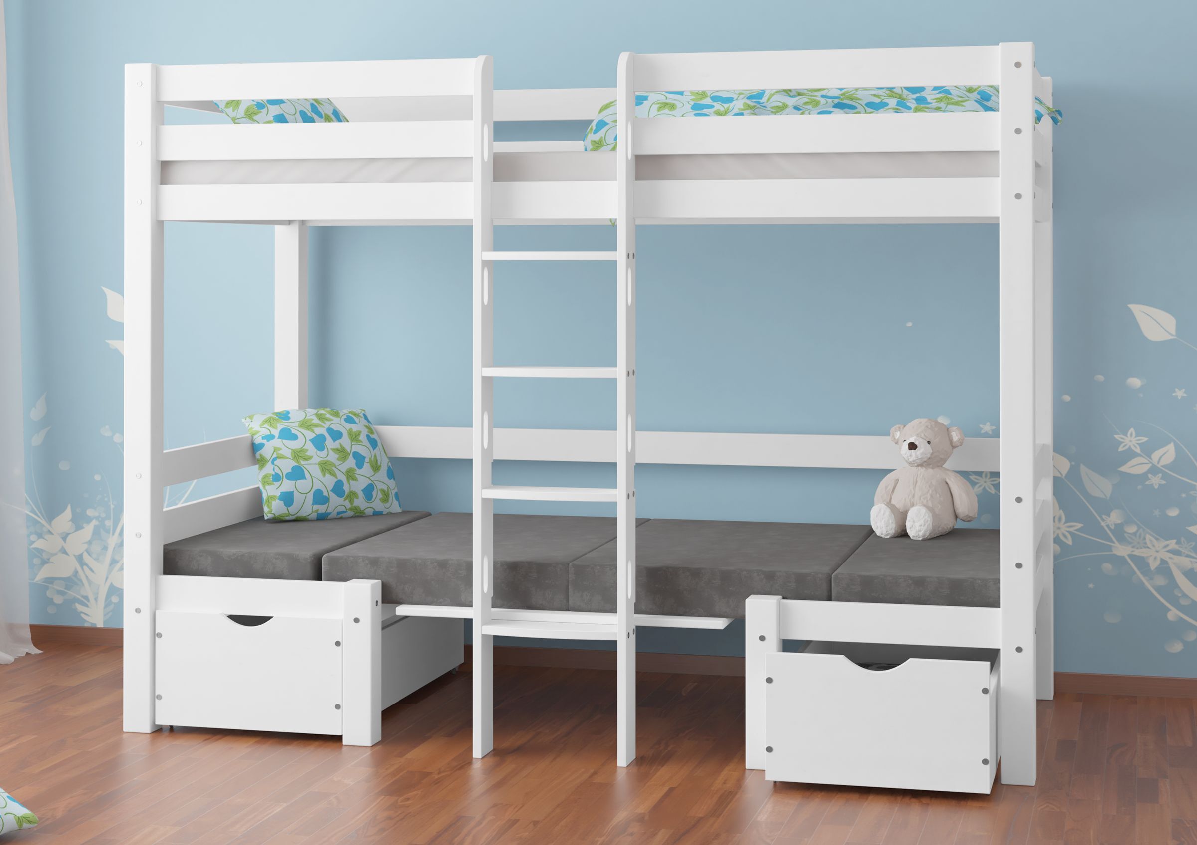 Etagenbett, Holzbett, Weiß, Kinderzimmer, Lattenroste/Schubladen,