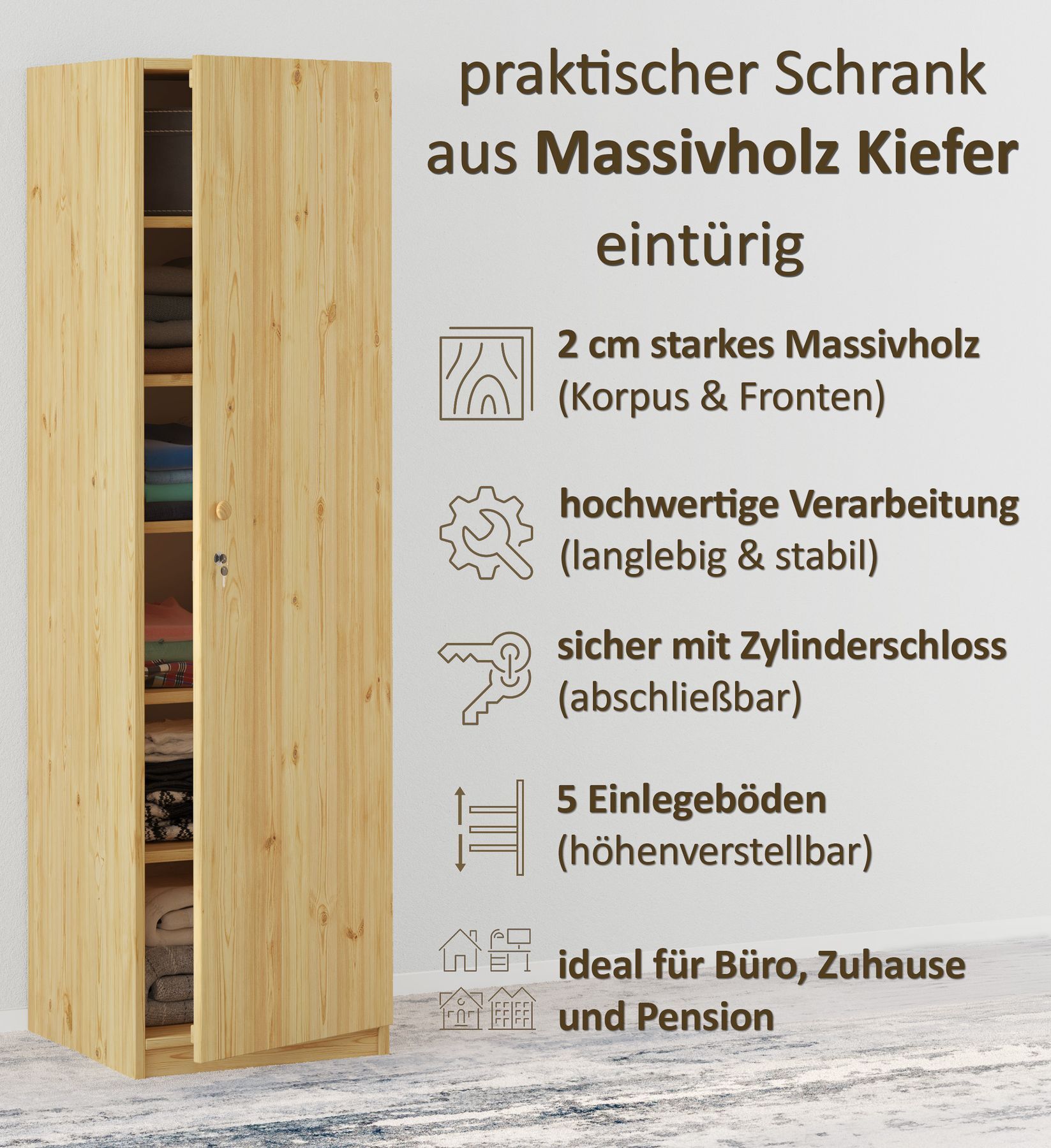 Massivholz, Kiefer, Schrank, Schranktür, Einlegeböden, Highlights des Spinds