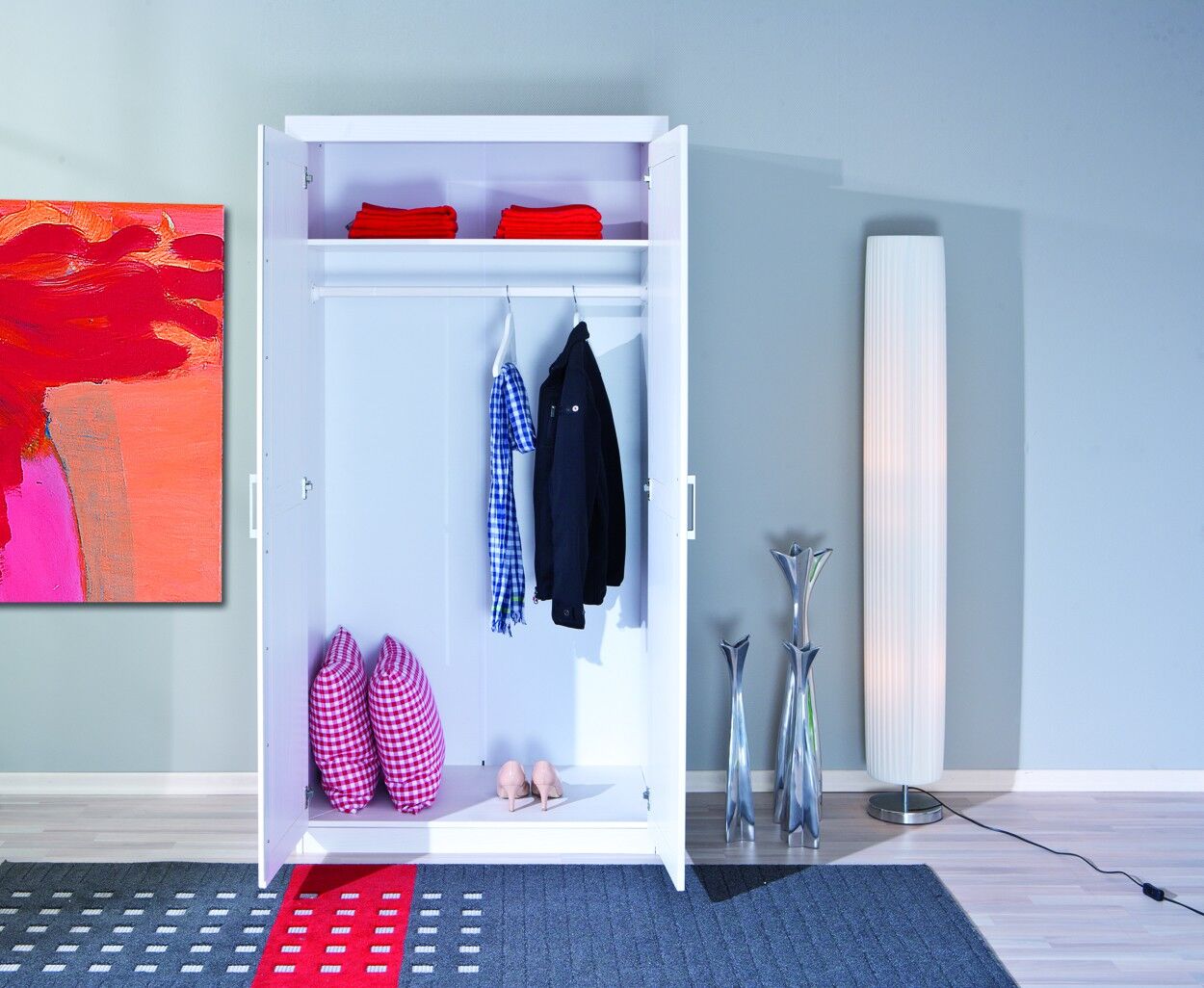Kleiderschrank, Kleidung, Hemd, Schuhe, Kissen, Kleiderschrank weiß mit Kleiderstange