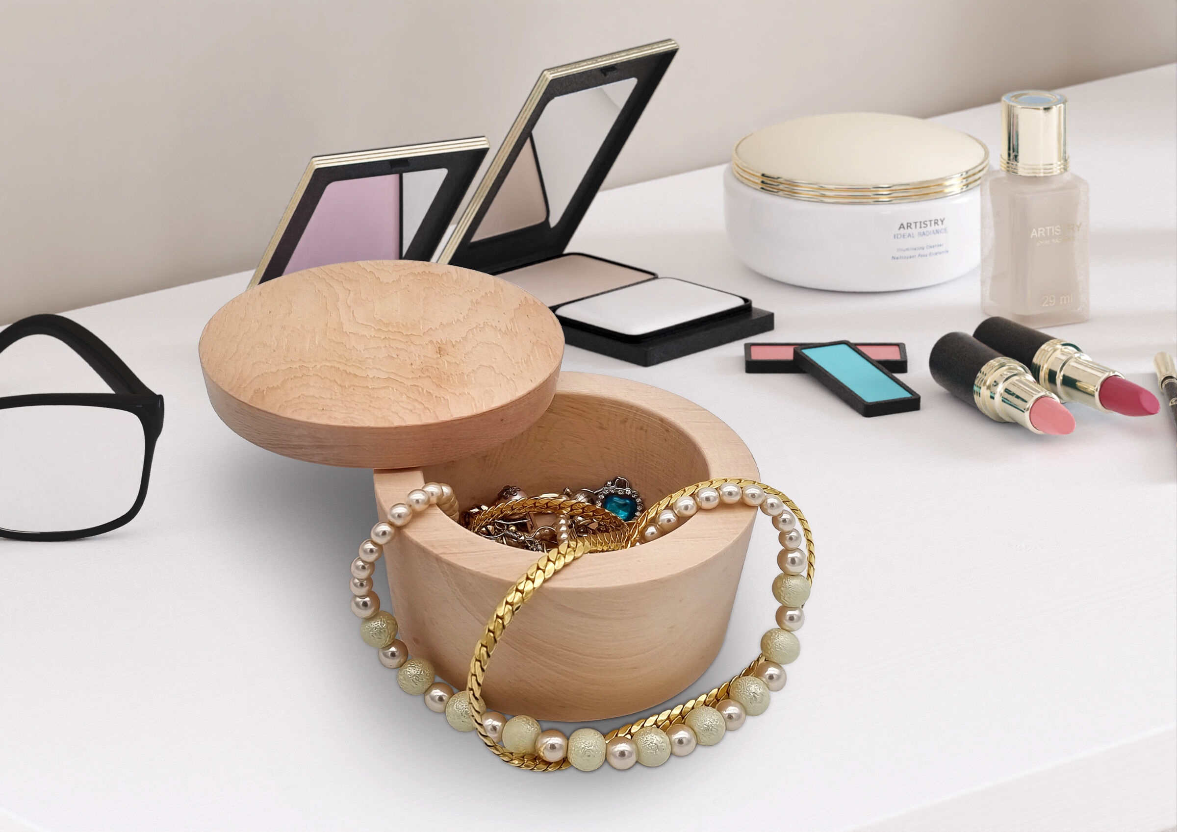 Schmuckbox, Kette, Perlenarmband, Ohrringe, Make-up-Set, Schmuckdose aus Zirbenholz mit drehbarem Deckel