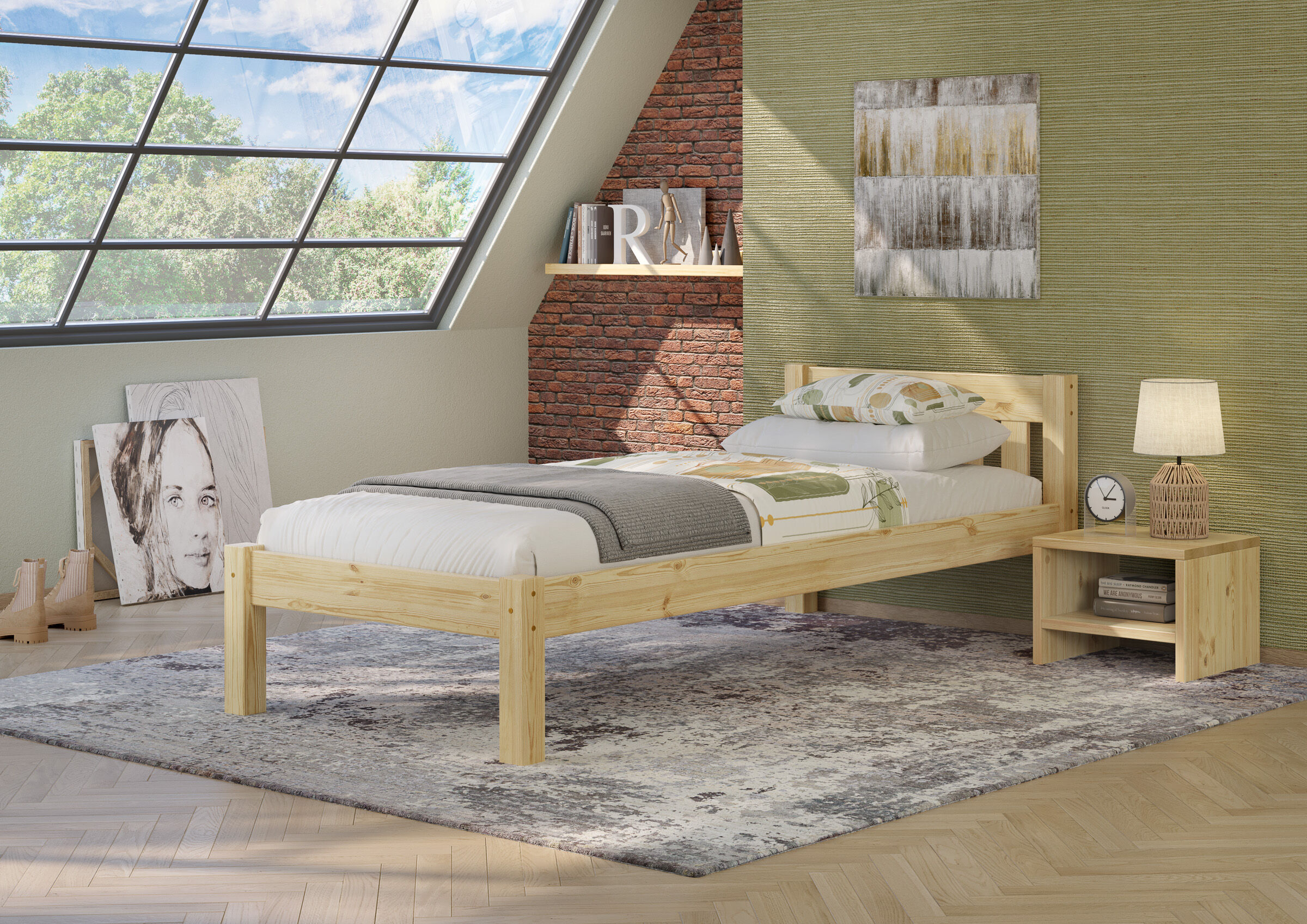 bett, Holzbettrahmen, Normales Bett, keine Marken, Schlafzimmer, Klassisches Massivholzbett 90x200 Kiefer unbehandelt