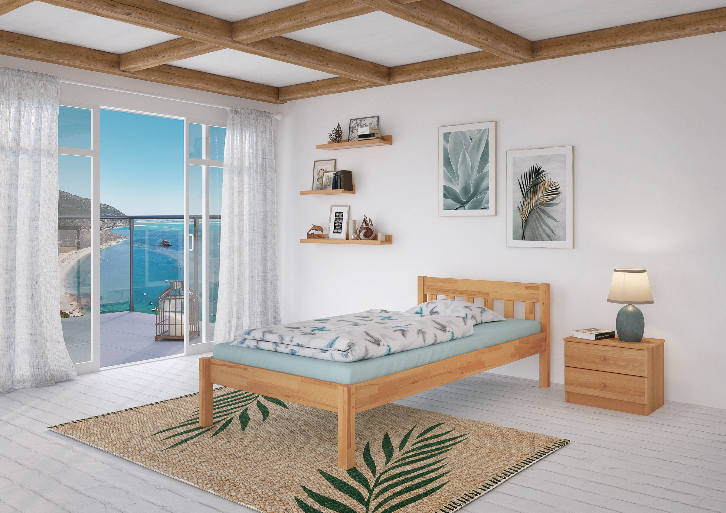 Einzelbett, Holzbett, Bettwäsche, Küsten-schlafzimmer, Teppichboden, Einzelbett in Buche
